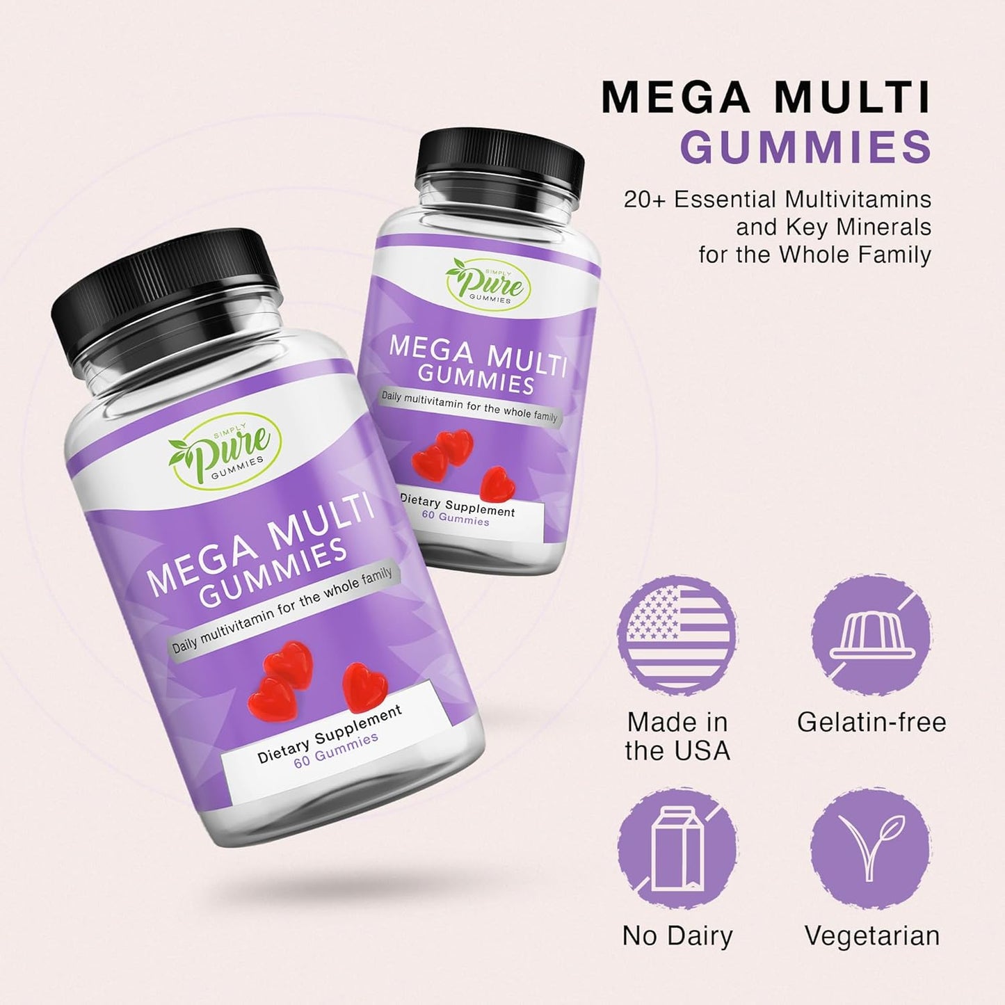 Pure By Nature Mega Multi Gummies - Natural Flavored Multi Vitamin Gummies for Women & Men - Dietary Supplement - Multivitamin with Vitamins A, D2, C, E, K, Biotin, Folic Acid - 60 Count - Espot.com.au