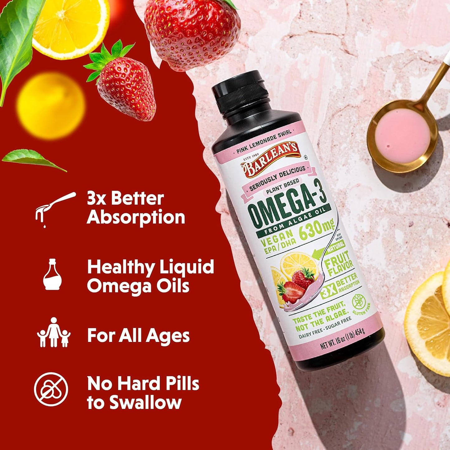 Barlean's Pink Lemonade Liquid Algae Oil Omega 3 Supplement - 630 mg EPA & DHA, Plant Based Omegas, Non-GMO & Gluten Free - 16 oz - Espot.com.au