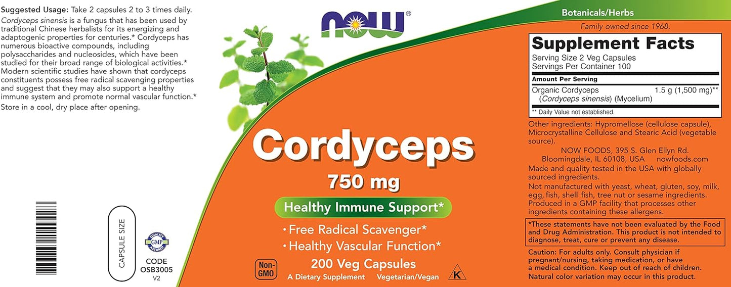 Organic Cordyceps Sinensis Mycelium Mushroom Capsules - 750mg, 200 Veg Caps, Vegan & Non-GMO by NOW Foods - Espot.com.au