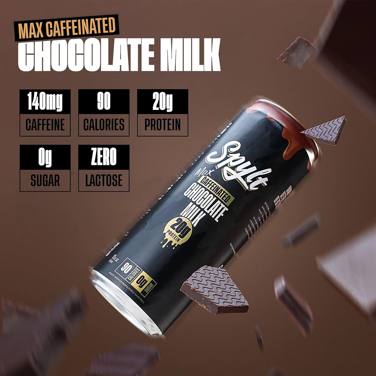 Spylt High Protein Max Chocolate Milk - Ready to Drink, Sugar Free, Lactose Free with 140mg Caffeine & 20g Protein - Ideal for Workout Recovery & Afternoon Energy Boost - 12 Count Pack - Espot.com.au