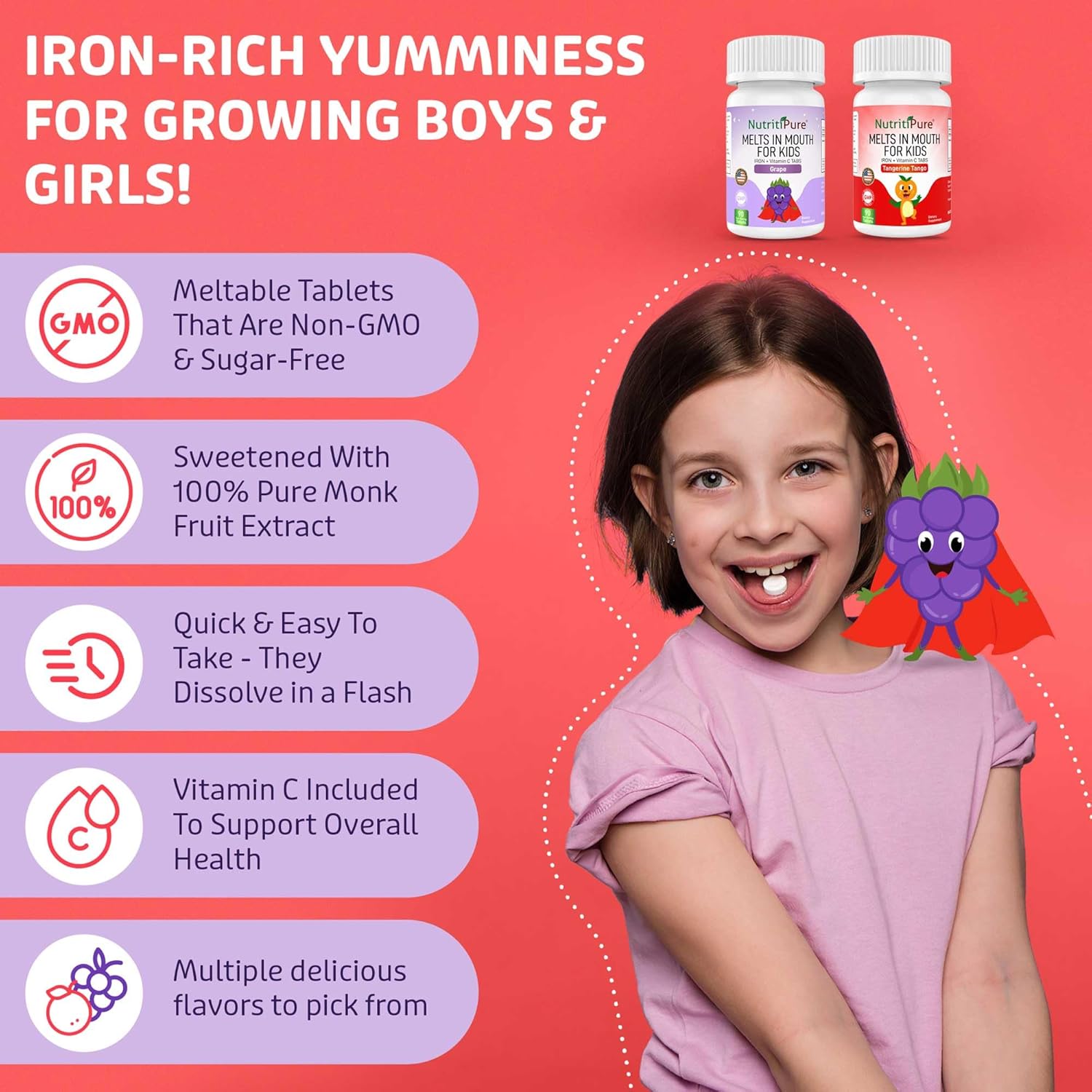 Delicious Grape Flavored NutritiPure Chewable Iron Supplements for Kids - 90 Count Bottle with Ferronyl®/Carbonyl Iron 9mg and Vitamin C 30mg - Espot.com.au