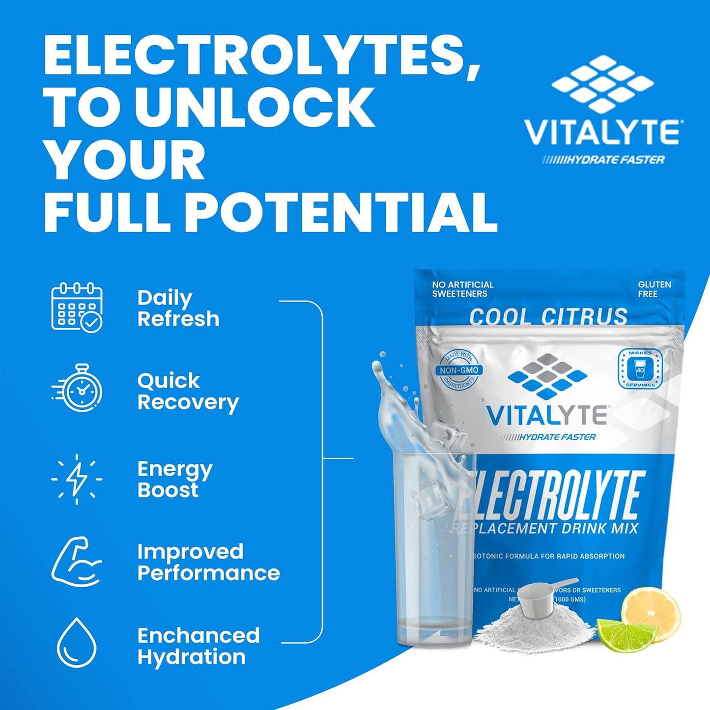 Vitalyte Electrolyte Powder - Isotonic Drink Mix for Hydration, Energy, and Recovery - 35 oz, 40 Servings - Water Enhancer & Rehydration Supplement - Cool Citrus Flavor - 2 Pack for Men, Women, and Sports - Espot.com.au