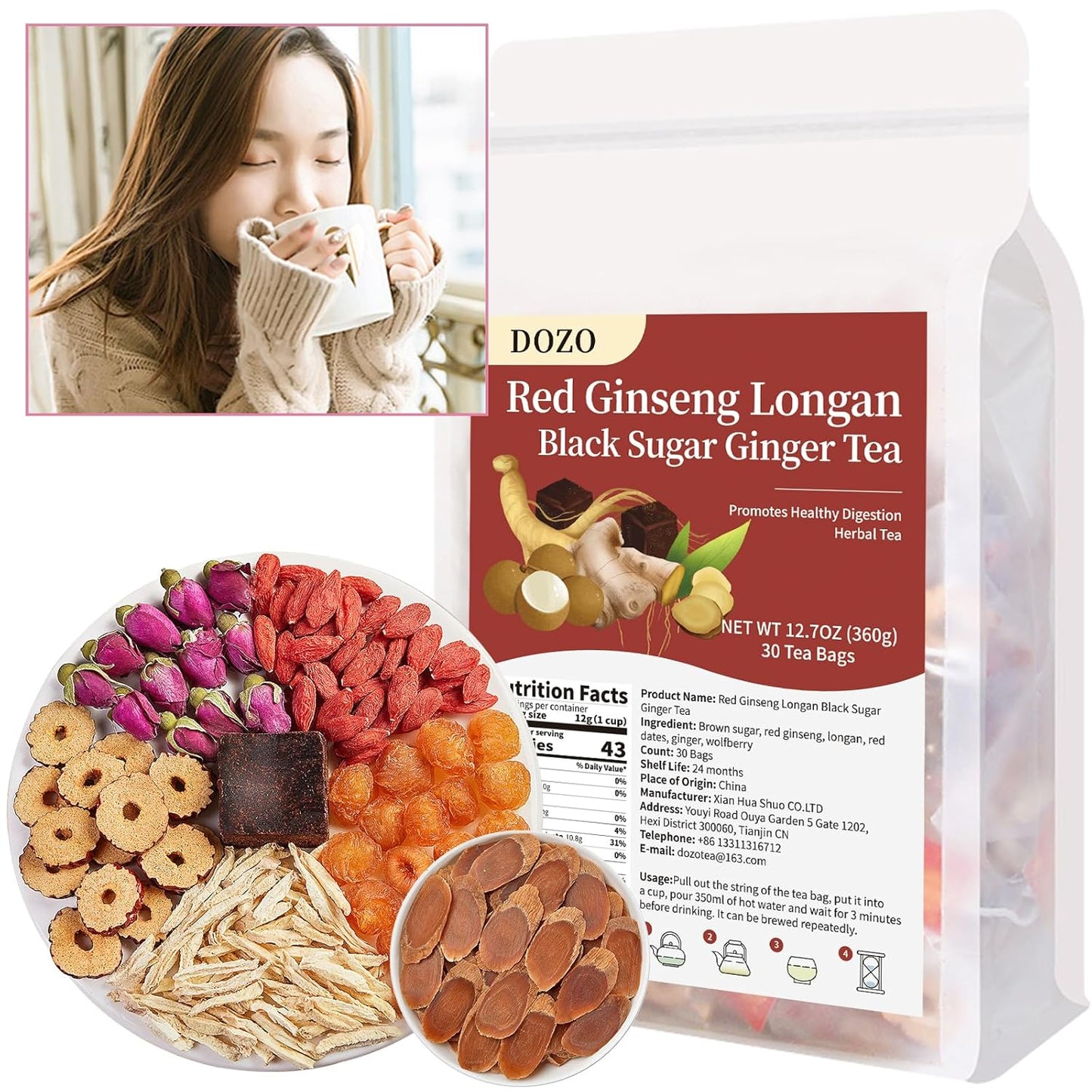 360g127oz-dozo-red-ginseng-longan-brown-sugar-ginger-tea-30-bags---premium-herbal-blend-with-health-benefits-1