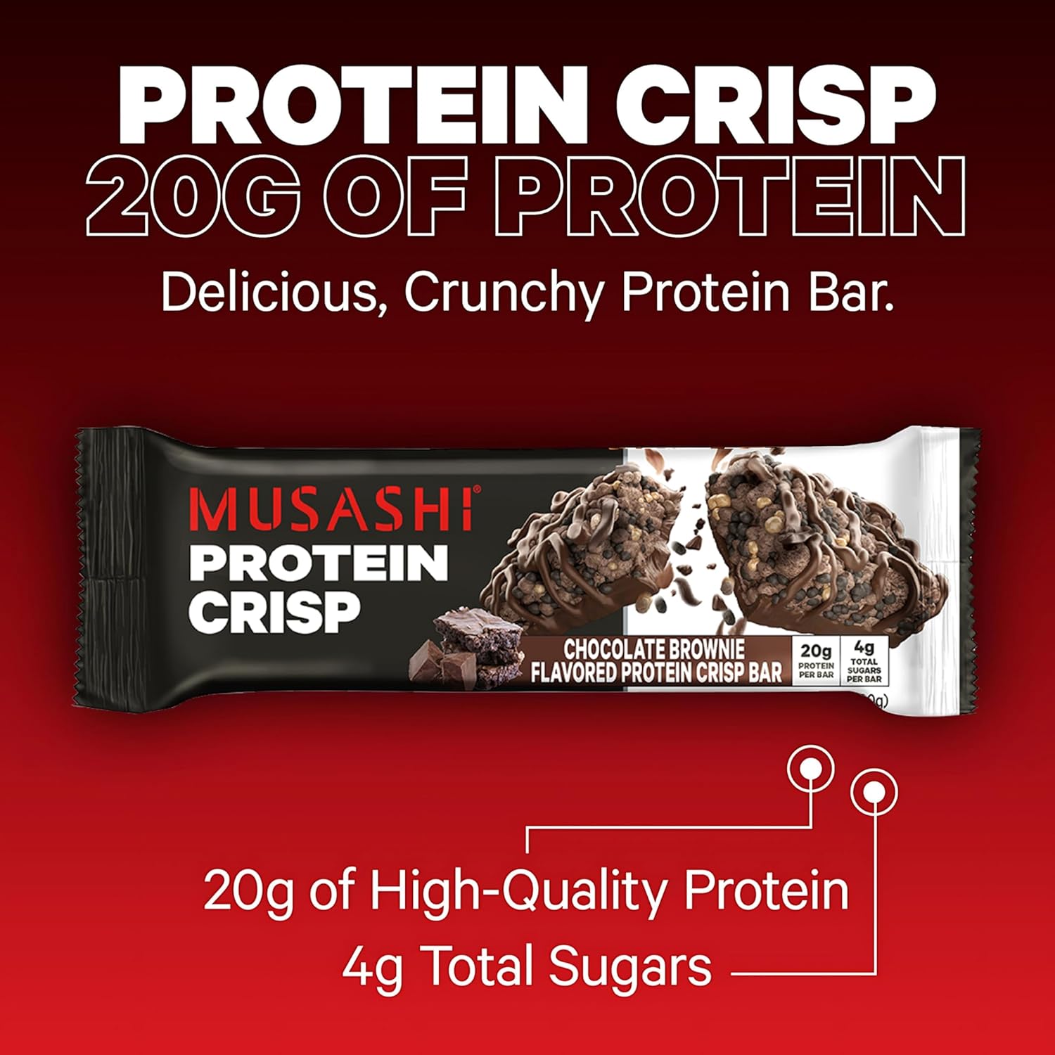 Musashi Chocolate Brownie Protein Crisp Bar - 20g Protein, 4g Sugars - Post-Workout Snack, 12-Pack 2.1oz Bars - Protein Snack On The Go - Espot.com.au