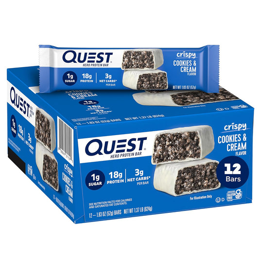 Quest Nutrition Cookies & Cream Hero Protein Bar - 12 Bars, 18g Protein, 1g Sugar, 3g Net Carbs, Gluten-Free, Keto-Friendly Snack - Espot.com.au