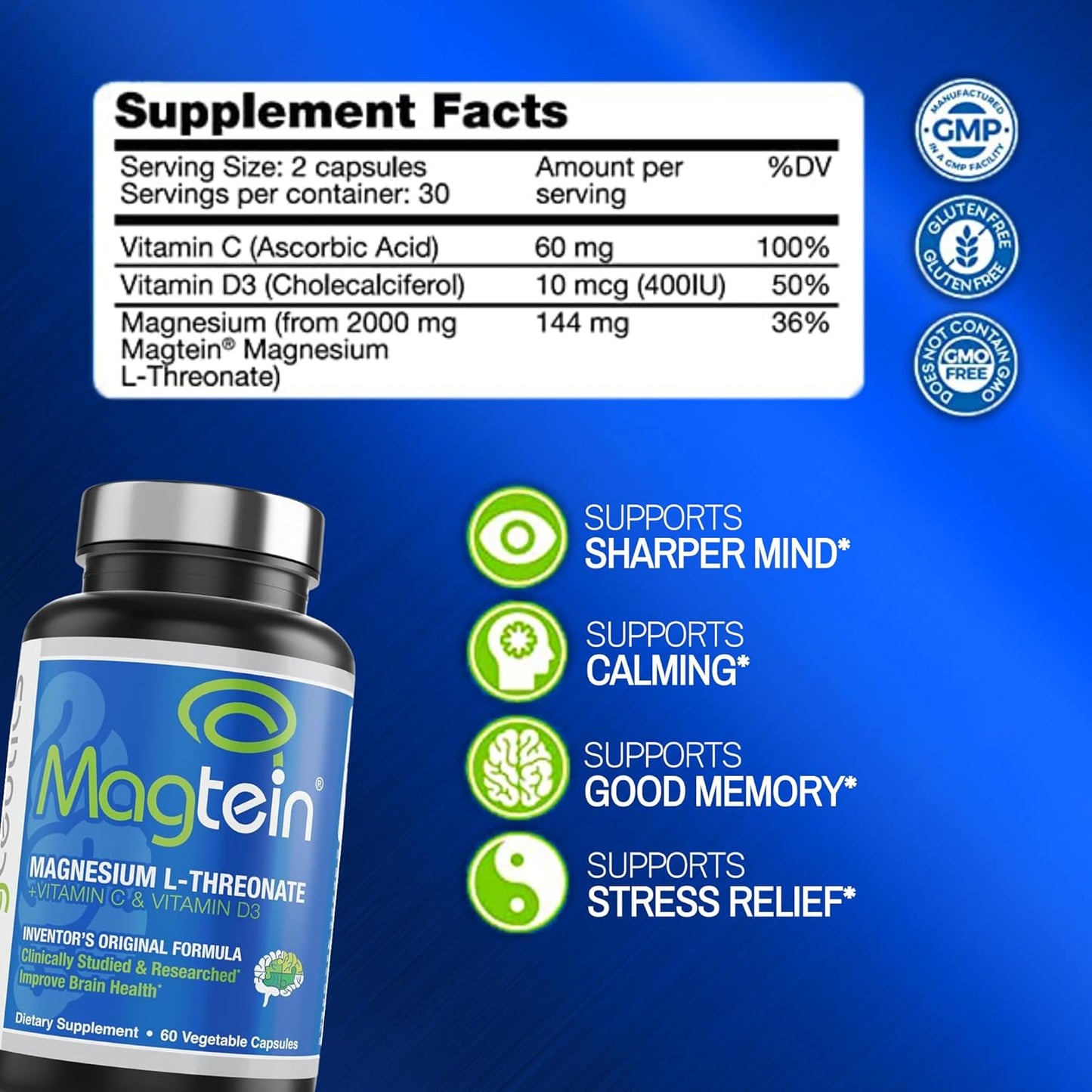 Magtein Magnesium L-Threonate Capsules for Brain Health, Memory, Cognition, Stress Relief & Sleep - 60 Veg Capsules - Espot.com.au