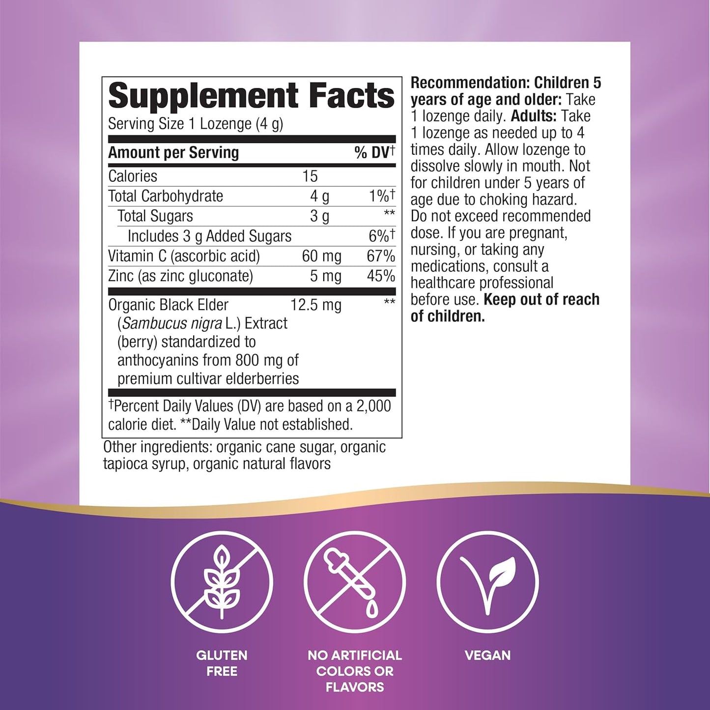 Organic Elderberry & Vitamin C Zinc Lozenges - Vegan & Gluten Free - 72 Lozenges Pack - Nature's Way - Espot.com.au