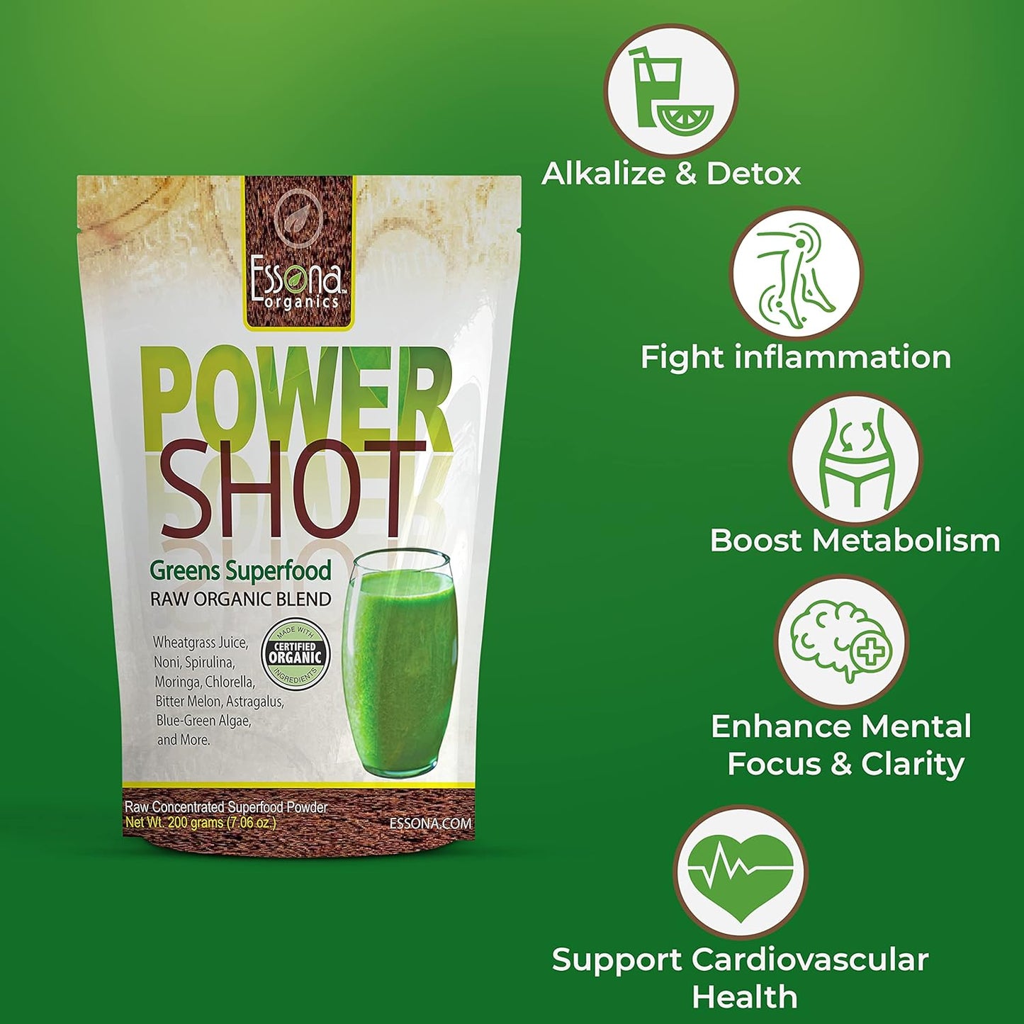 Essona Organics Power Shot Greens Superfood Blend - 100% Pure Raw Organic Vegan - Spirulina, Chlorella, Wheat Grass, Blue-Green Algae, Kale - 60 Servings, 180g Powder - Order Now - Espot.com.au