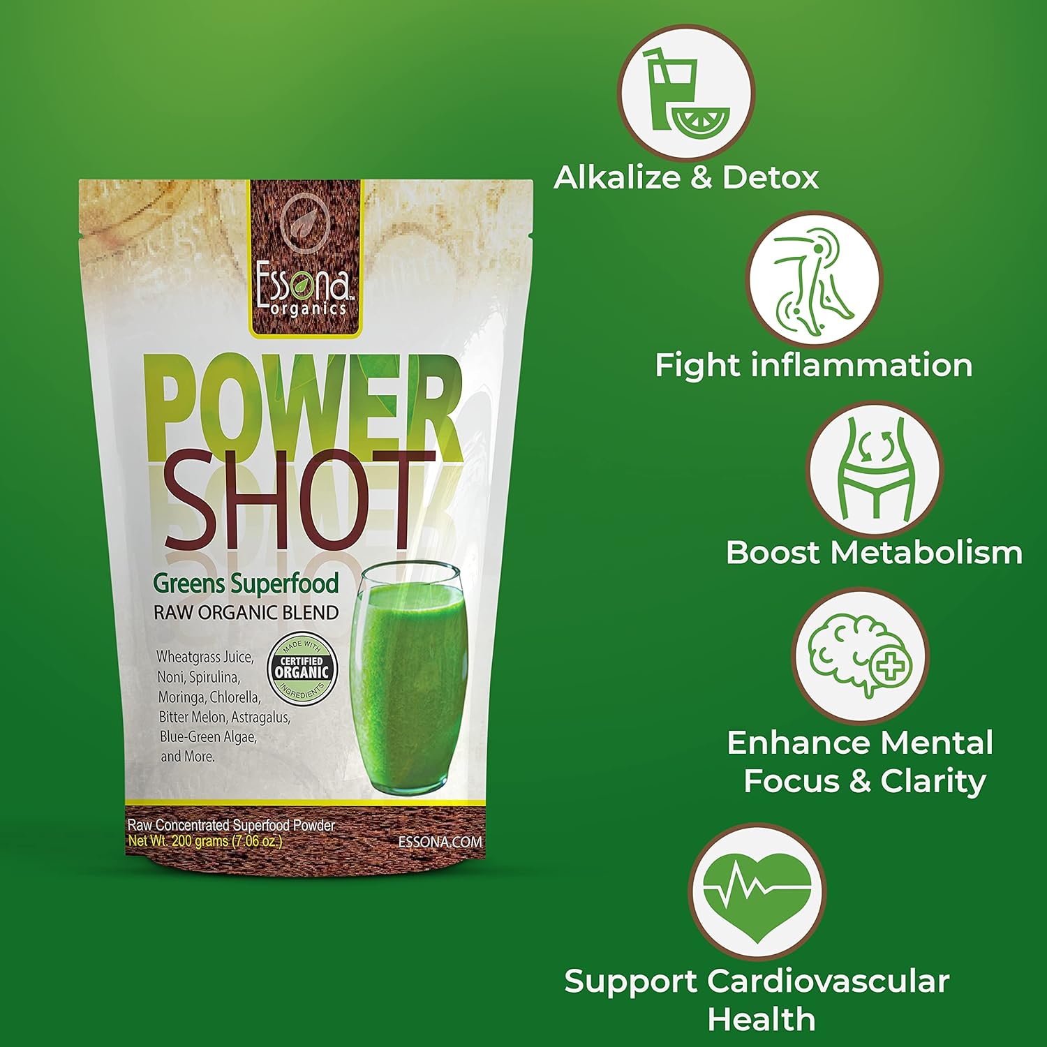 Essona Organics Power Shot Greens Superfood Blend - 100% Pure Raw Organic Vegan - Spirulina, Chlorella, Wheat Grass, Blue-Green Algae, Kale - 60 Servings, 180g Powder - Order Now - Espot.com.au