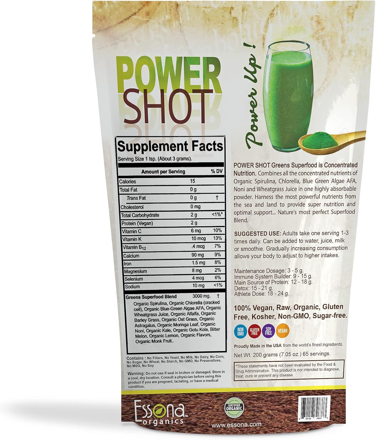 Essona Organics Power Shot Greens Superfood Blend - 100% Pure Raw Organic Vegan - Spirulina, Chlorella, Wheat Grass, Blue-Green Algae, Kale - 60 Servings, 180g Powder - Order Now - Espot.com.au