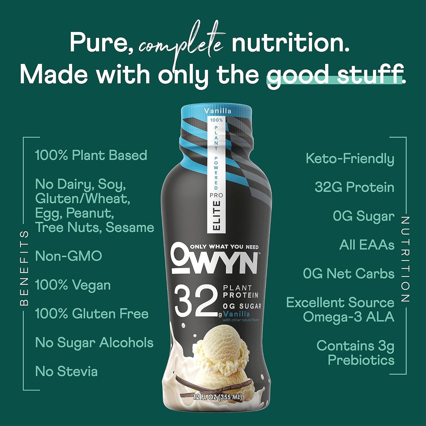 OWYN Pro Elite Vegan High Protein Keto Shake - Vanilla Flavor, 32g Protein, 9 Amino Acids, Omega-3, Prebiotics, Workout & Recovery, 0g Net Carbs, 0 Sugar - 12 Fl Oz (Pack of 36) - Espot.com.au