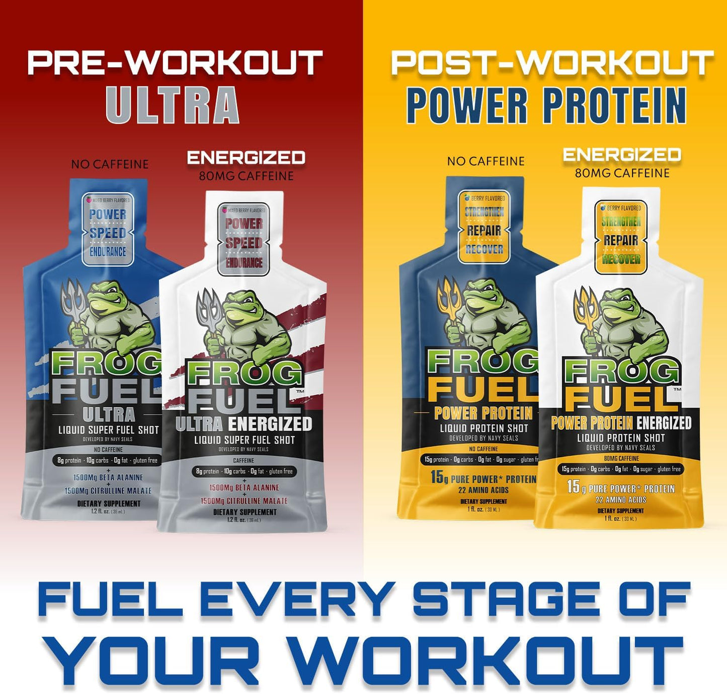 Bundle: Frog Fuel Power Protein & Pre Workout Shots, 1500mg Beta Alanine, 15g Collagen, Grass-Fed, 1.2 oz Packets, 48 Pack - Energized for Pre & Post Workout - Espot.com.au
