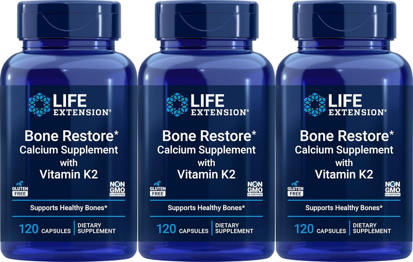 Pack of 3 Life Extension Bone Restore Calcium Supplement with Vitamin K2, 120 Capsules - Bone Health Support and Strength Booster - Espot.com.au