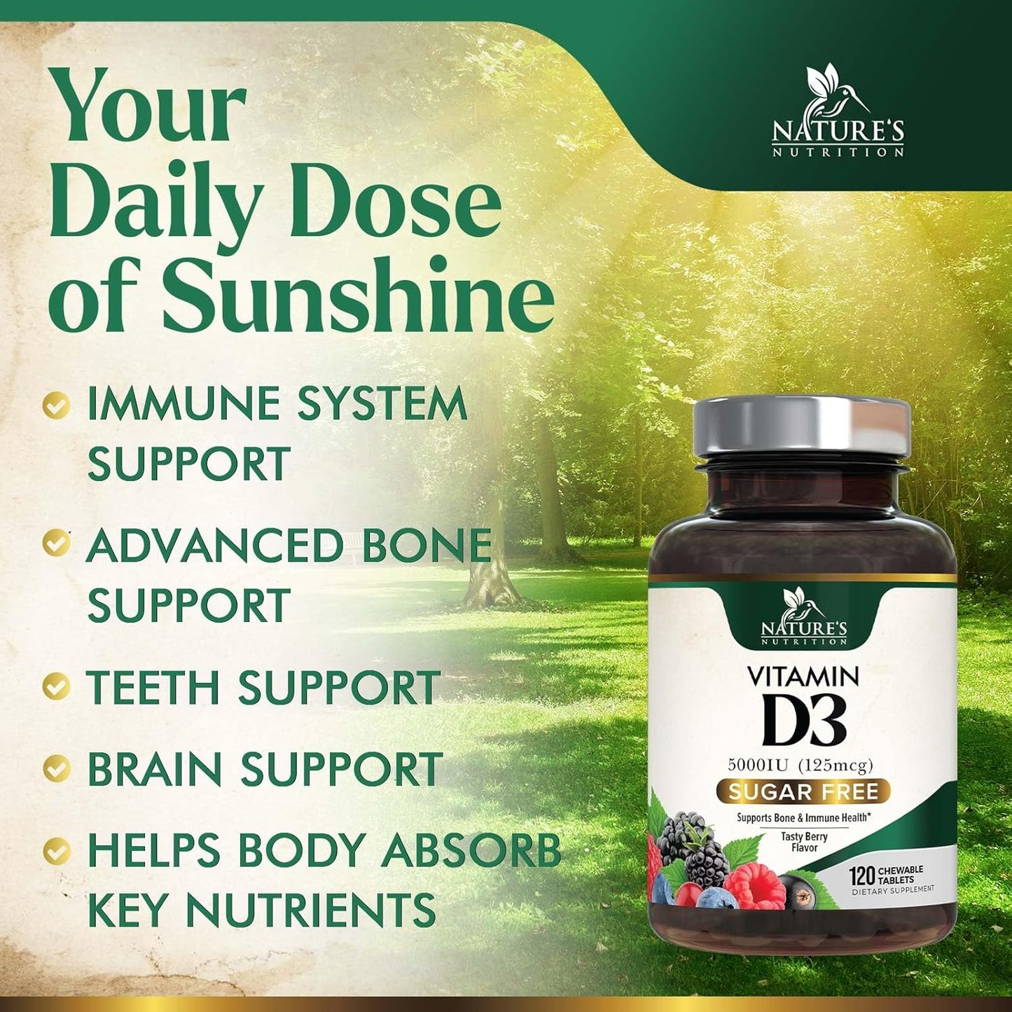 Chewable Vitamin D3 5000 IU Supplements for Bone, Teeth, Muscle & Immune Support - Sugar Free, Non-GMO, Gluten Free - 120 Tablets - Espot.com.au