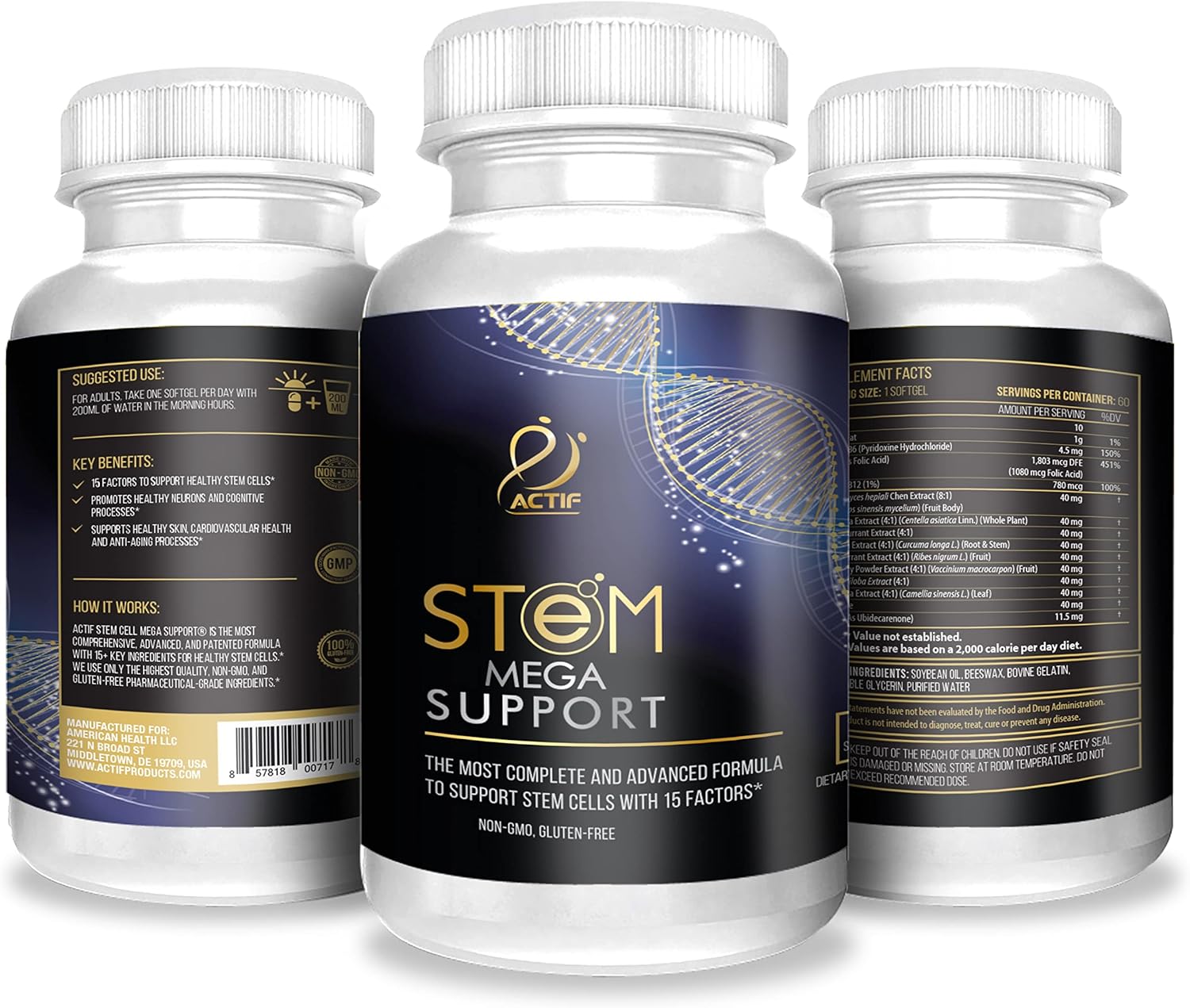 ACTIF Stem Cell Mega Support Supplement - 15 Factors, Non-GMO, 60 Day Supply, USA-Made - Espot.com.au