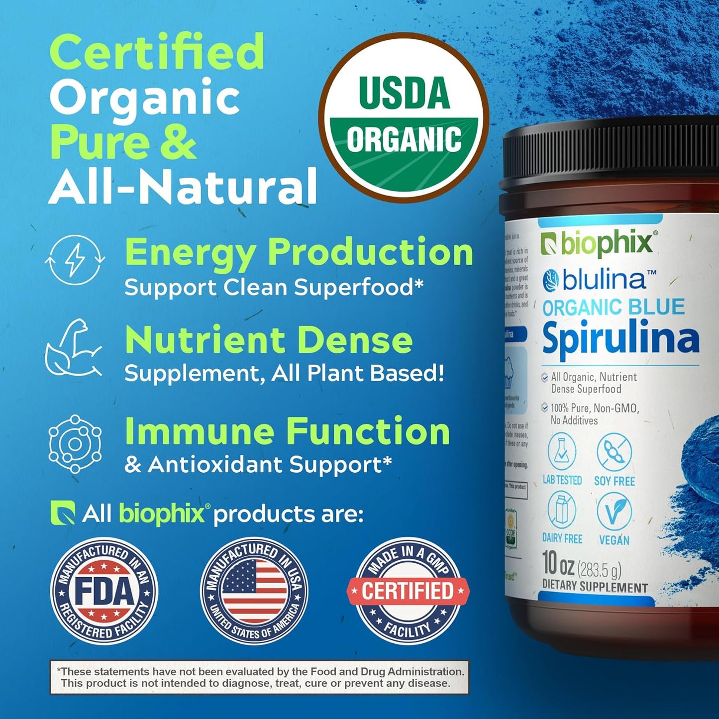 Organic Blue Spirulina Powder - 10 oz - 283 Servings of Superfood Supplement - Natural Blue Pigment - Pure Organic Blue Algae Powder - Espot.com.au