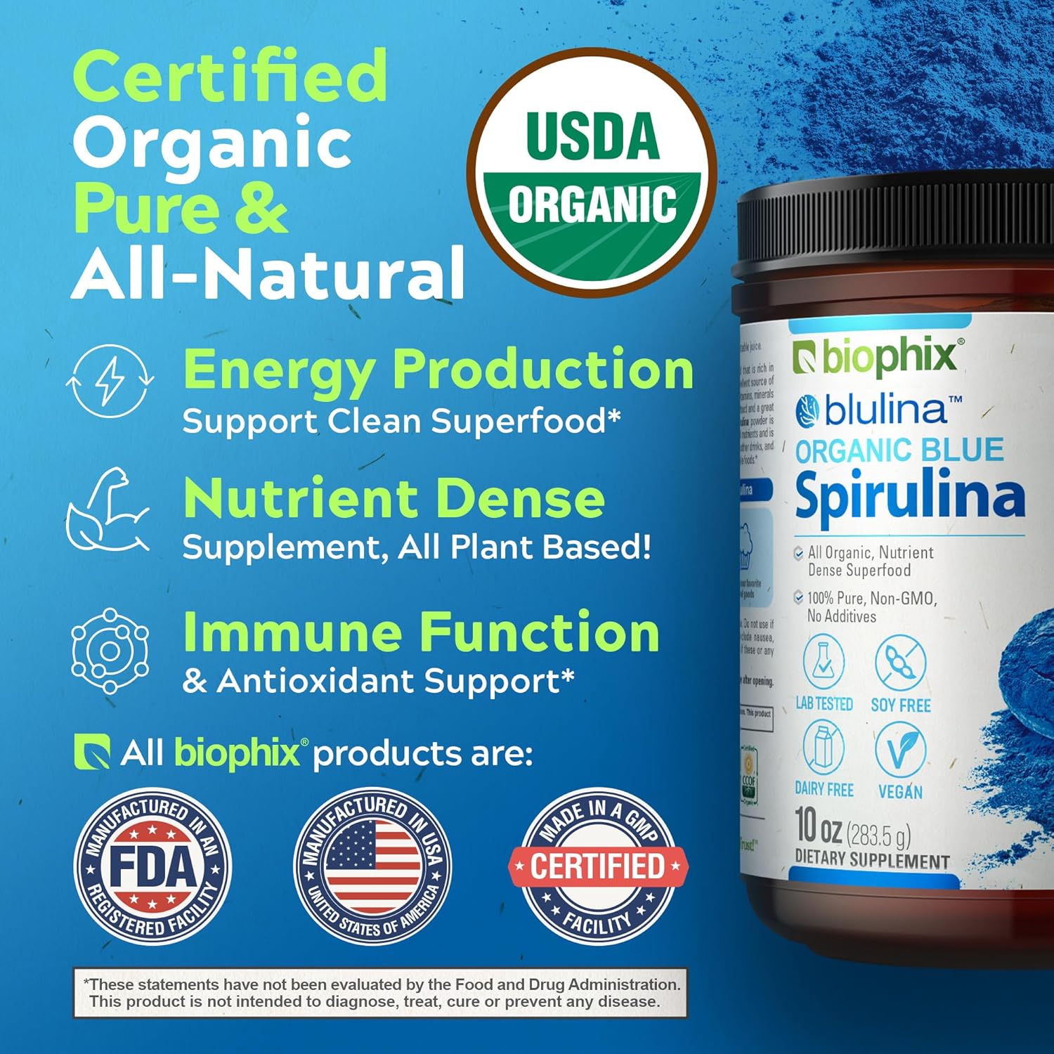 Organic Blue Spirulina Powder - 10 oz - 283 Servings of Superfood Supplement - Natural Blue Pigment - Pure Organic Blue Algae Powder - Espot.com.au