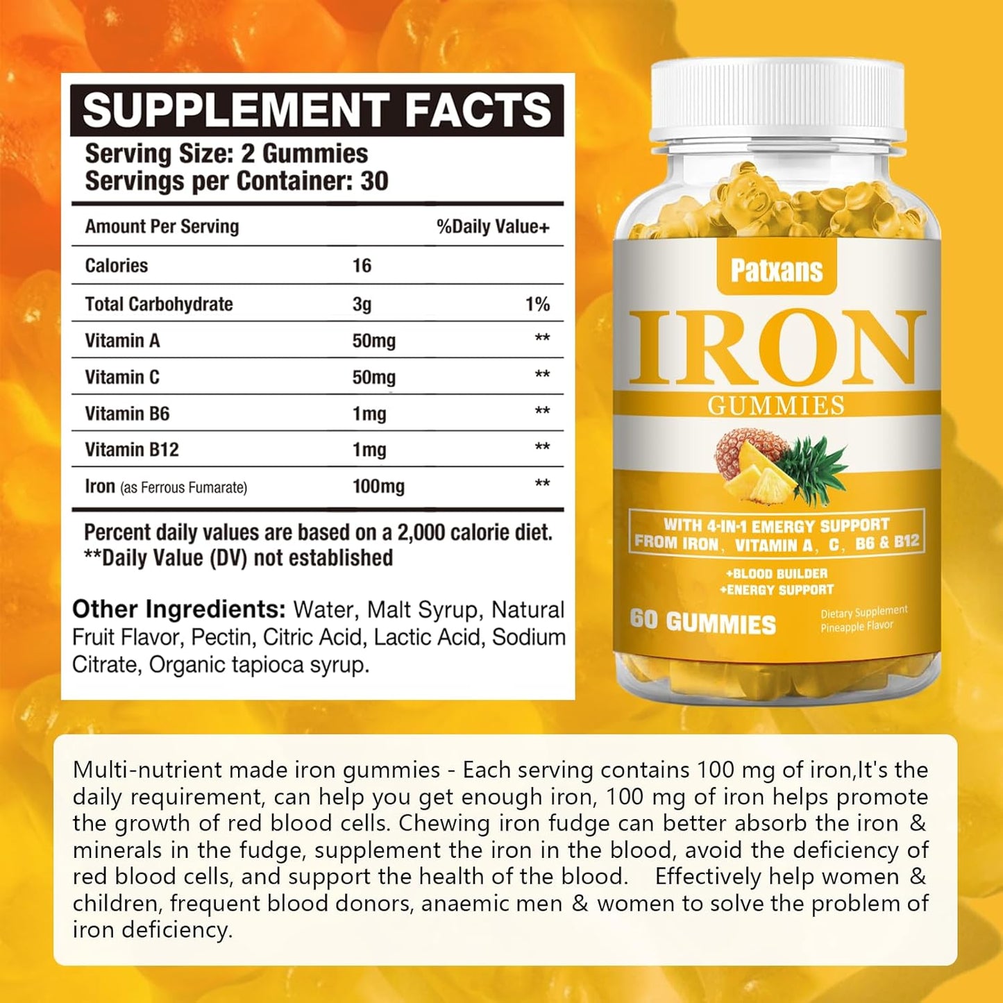 2-pack-iron-gummies-with-vitamins-for-energy-blood-support---100mg-supplement-for-men-women-adults-kids---vegan-pineapple-flavor---120ct-2