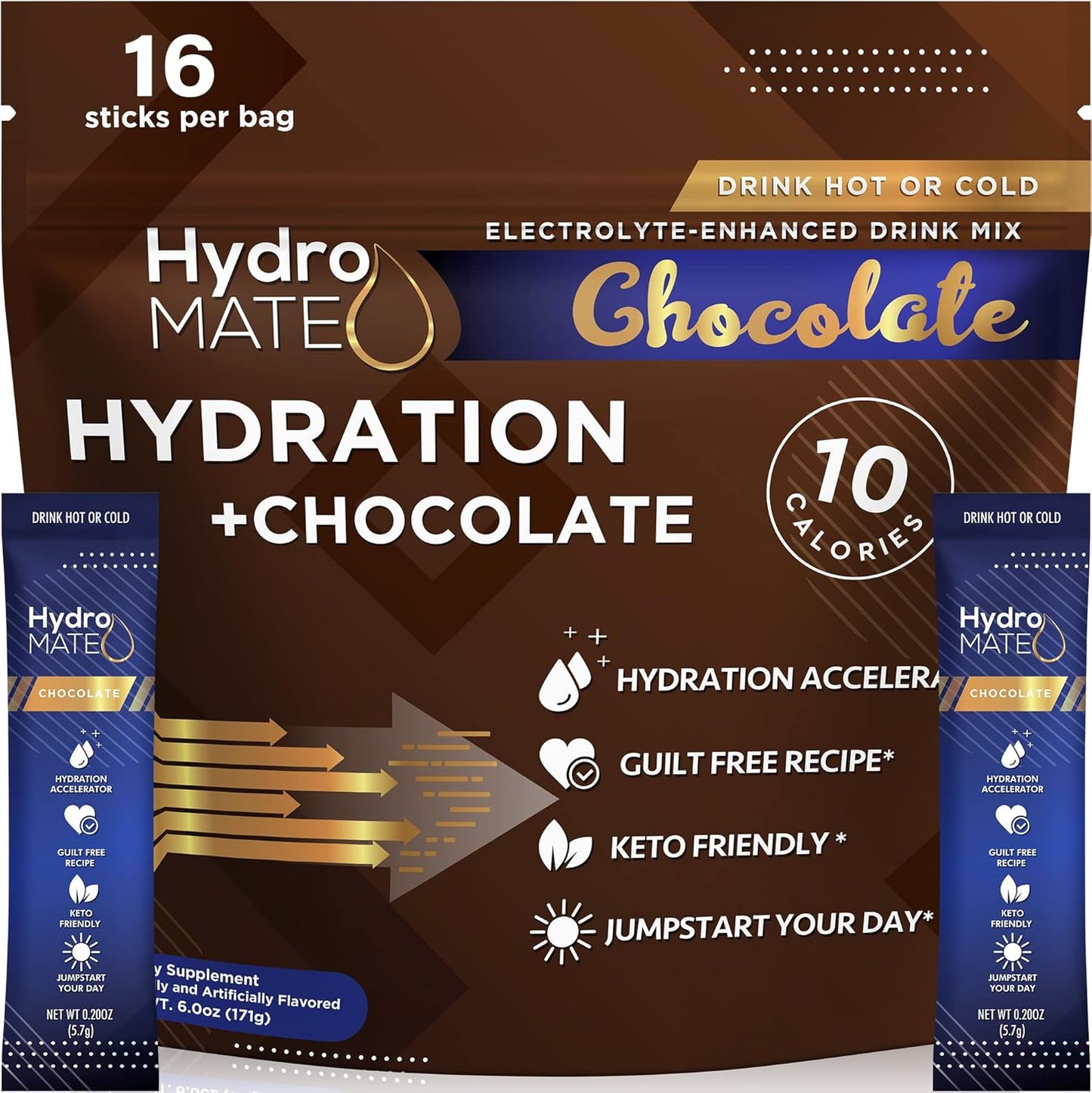 HydroMATE Electrolyte Powder Packets - Chocolate Flavor, 16 Count - Low Sugar Drink Mix for Fast Hydration and Recovery with Vitamin C - Espot.com.au