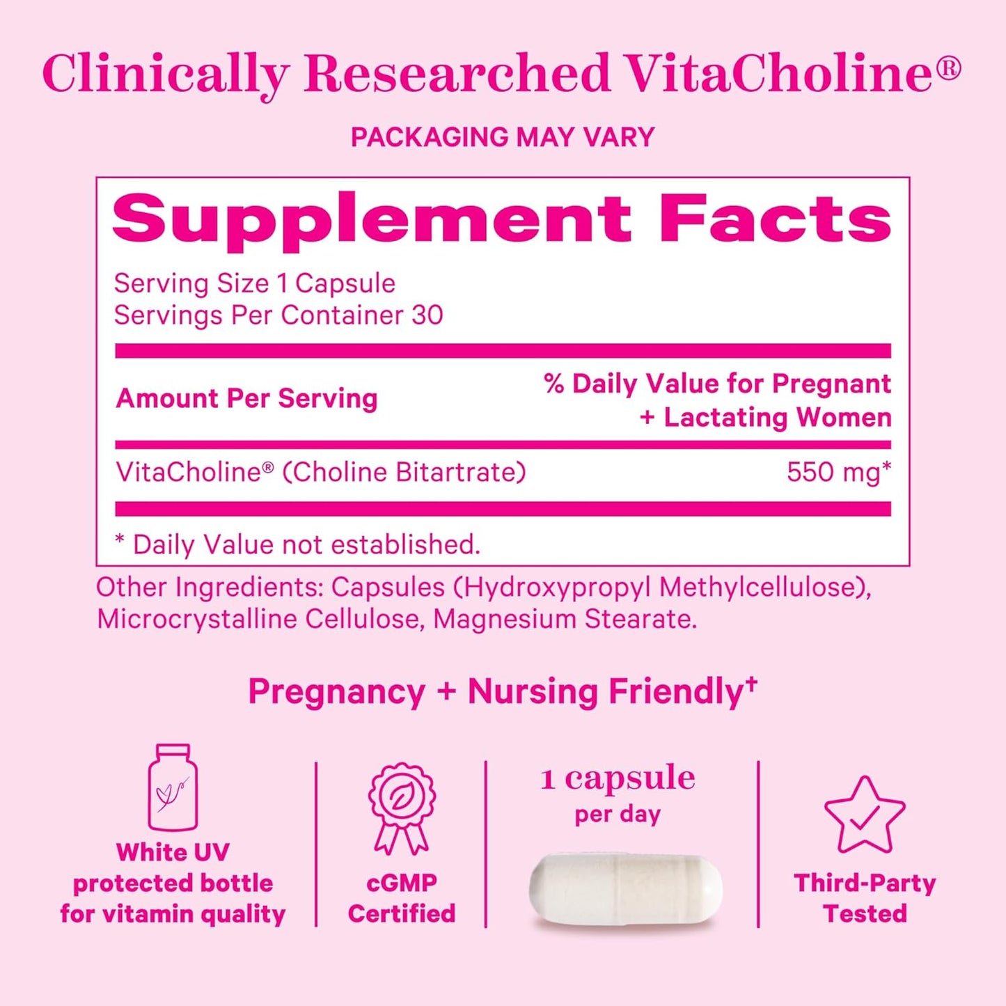Pink Stork Choline - Prenatal Vitamin with 550mg Choline Bitartrate for Pregnant & Postpartum Moms - Supports Fetal Cognitive Health & Breast Milk Quality - 30 Capsules - Espot.com.au