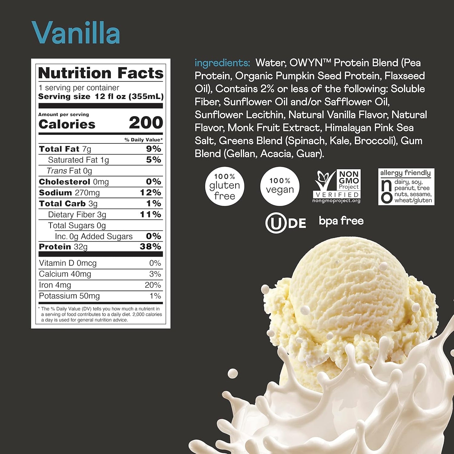 OWYN Pro Elite Vegan High Protein Keto Shake - Vanilla Flavor, 32g Protein, 9 Amino Acids, Omega-3, Prebiotics, Workout & Recovery, 0g Net Carbs, 0 Sugar - 12 Fl Oz (Pack of 36) - Espot.com.au