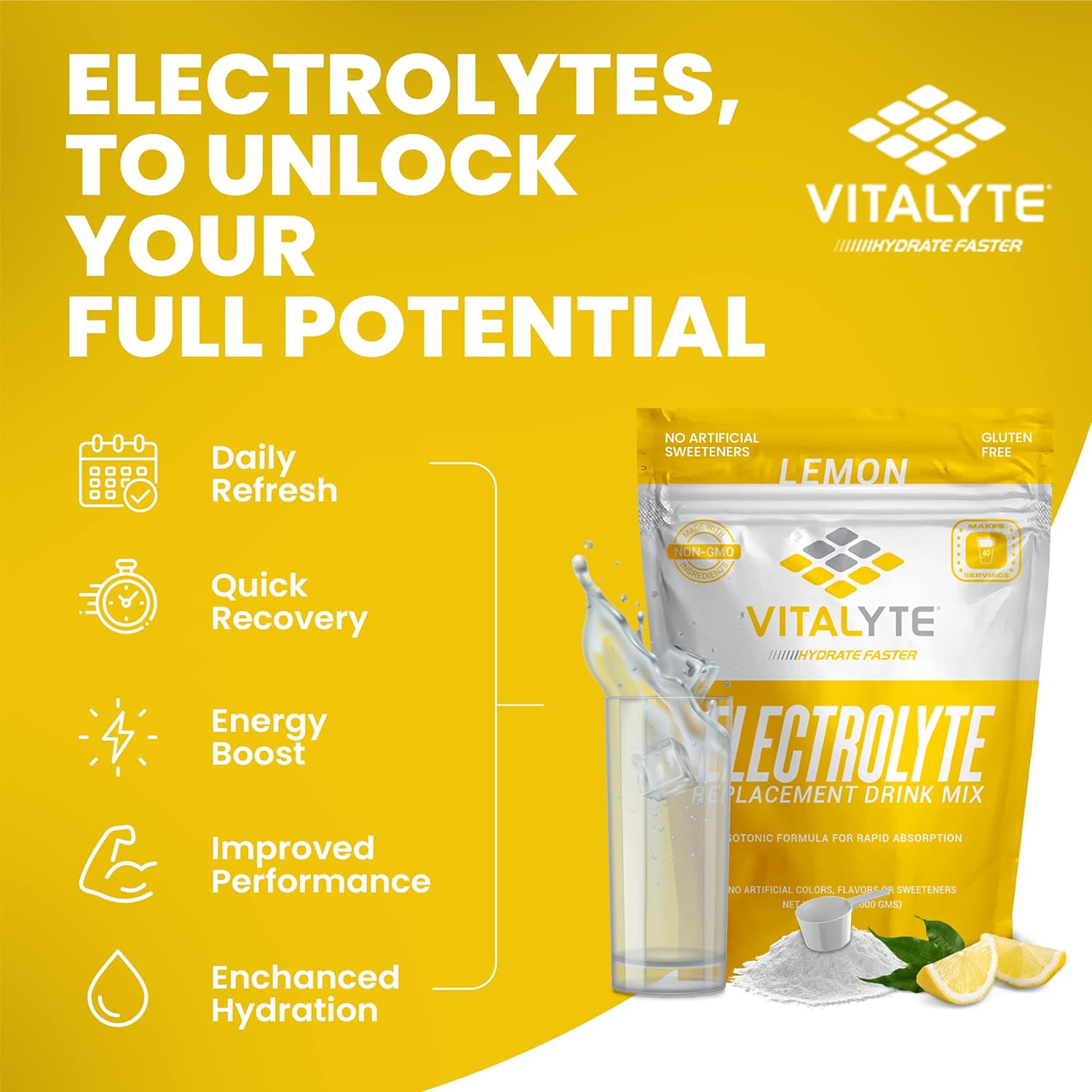 Isotonic Electrolyte Hydration Powder Mix - Gluten-Free Lemon Flavor - 35 oz - Post-Workout Drink Mix - Espot.com.au