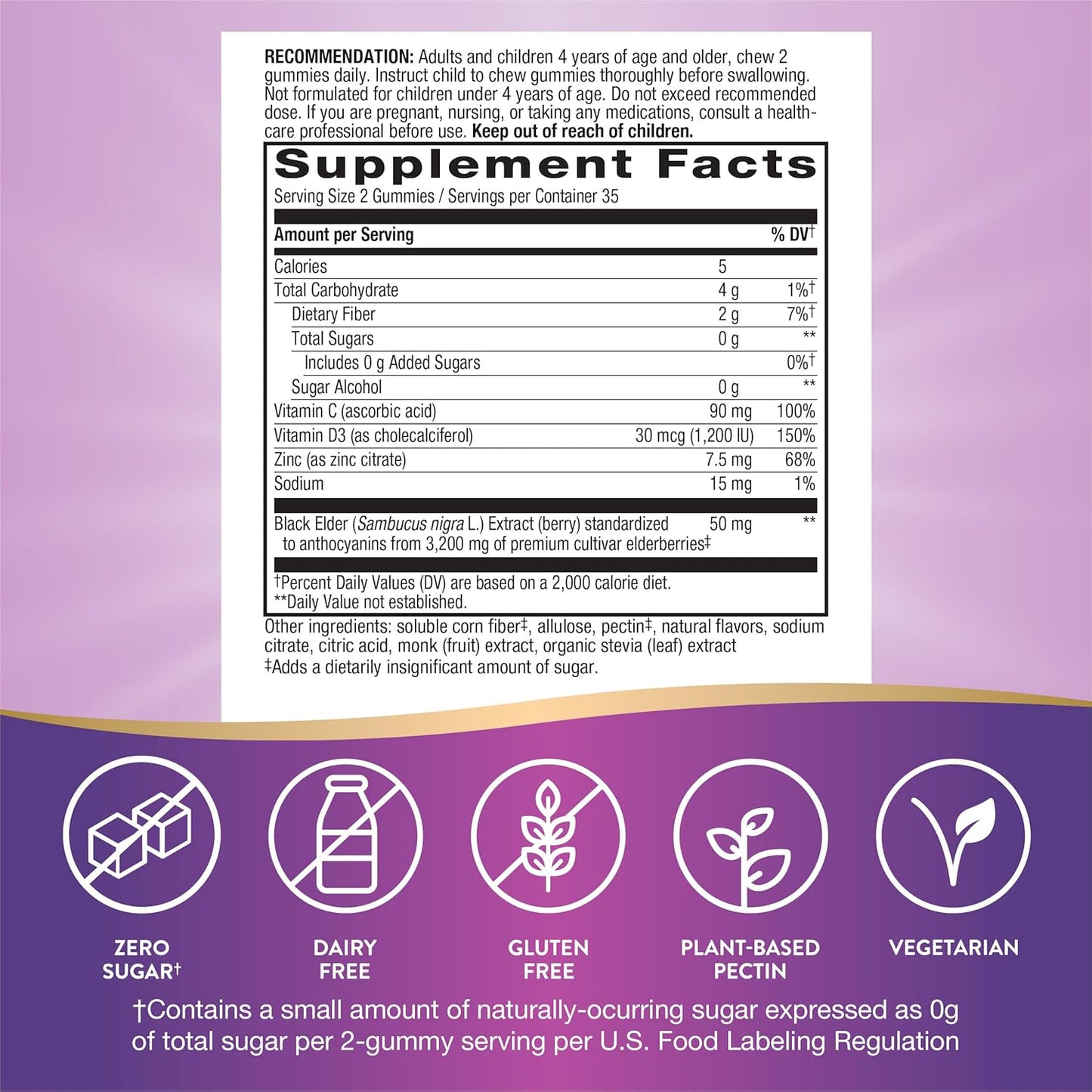 Nature's Way Sambucus Zero Sugar Immune Gummies - Black Elderberry, Vitamin C, D3, Zinc - 70 Plant-Based Gummies for Daily Immune Support - Espot.com.au