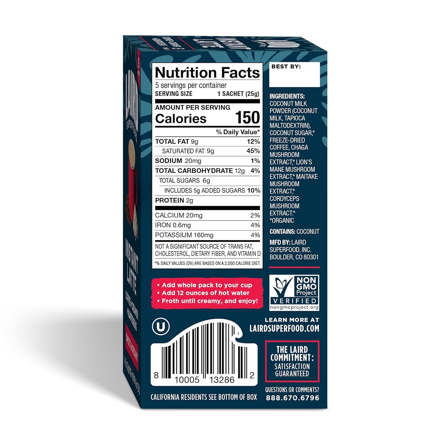 Laird Superfood Instant Latte Sachets - Sweet, Creamy, and Enriched with Adaptogens - Pack of 5 - Espot.com.au