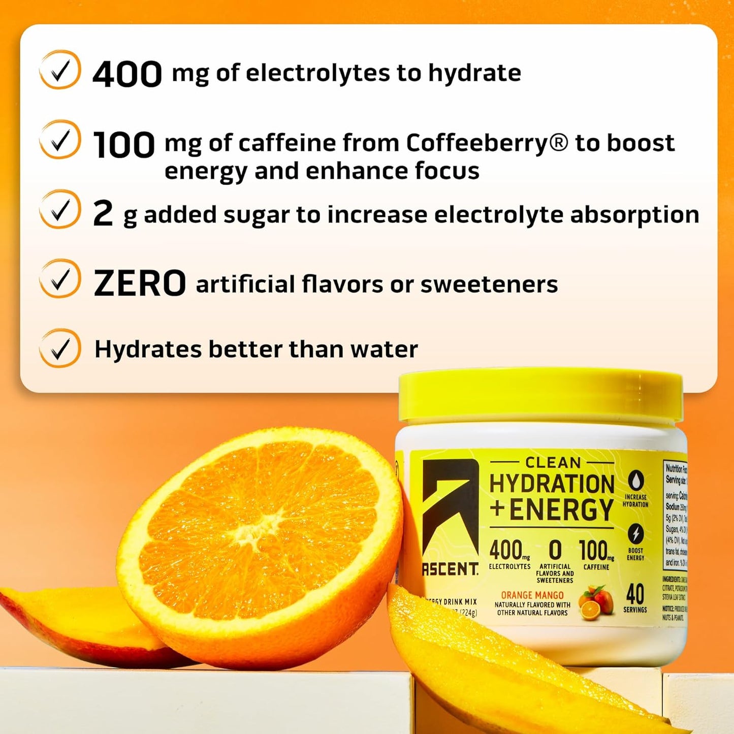 Orange Mango Electrolyte Powder with 100mg Caffeine - Clean Hydration and Energy Boost Drink Mix with 400mg Electrolytes - Natural Ingredients - 40 Servings - Espot.com.au