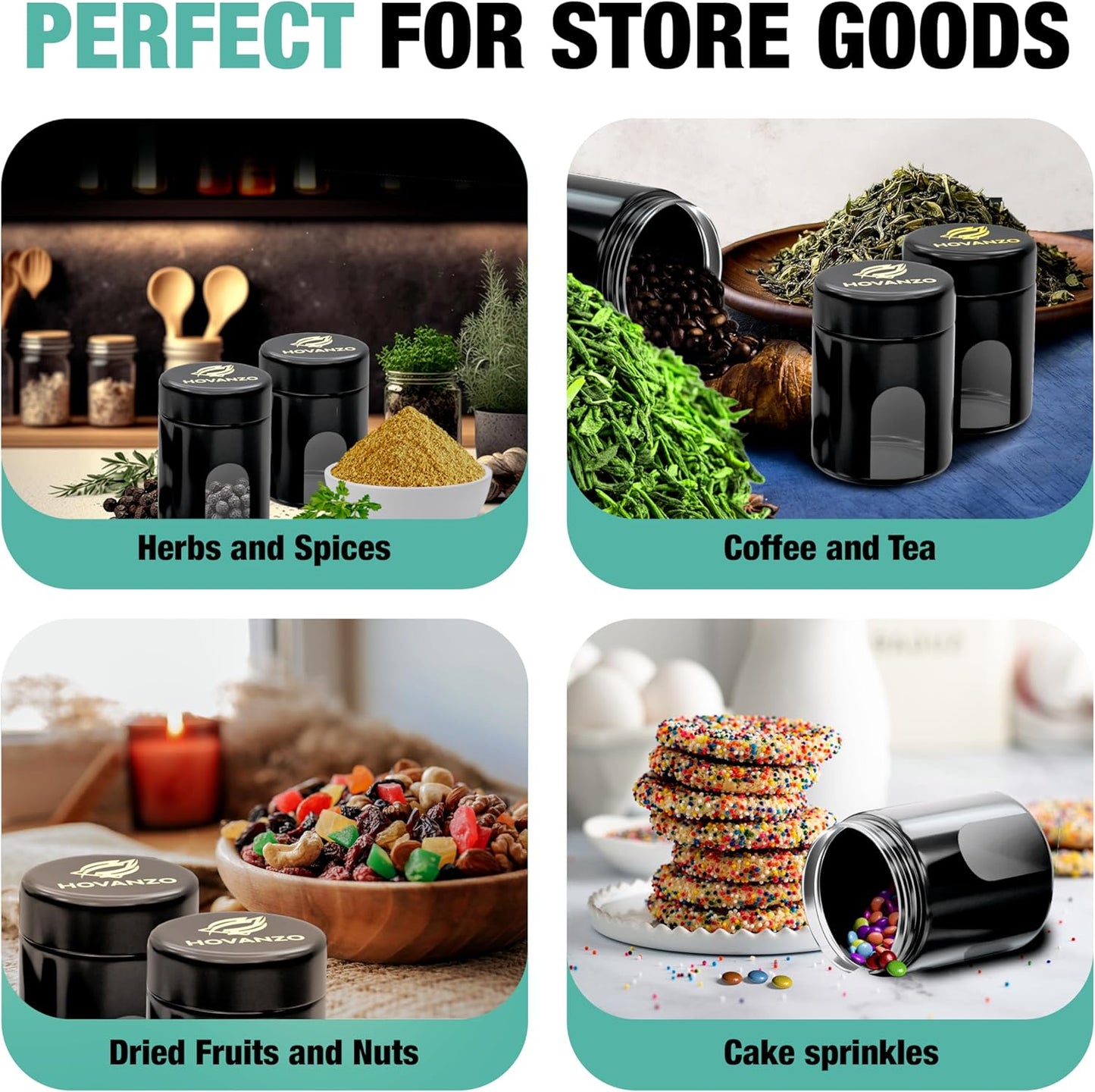 4 Pack HOVANZO Premium Airtight Glass Storage Jars 120ml with 69% Humidity Control - UV Air Tight Jars with Child-Resistant Lid for Herb/Spice Storage - Black Containers for Air Tight Storage - Espot.com.au