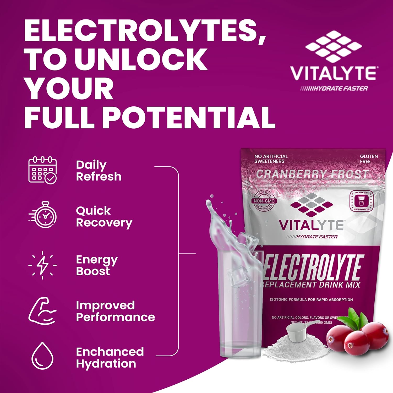Isotonic Electrolyte Hydration Powder Drink Mix - Gluten Free Post Workout Cranberry Frost Flavor - 35 oz. Pack of 1 - Espot.com.au