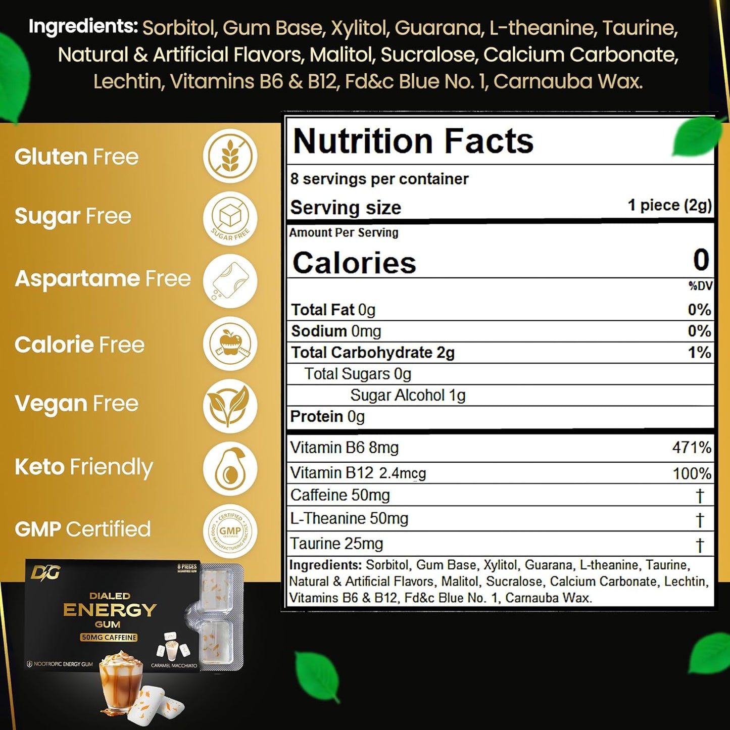 dialed-energy-caffeine-gum-24-pieces---50mg-caffeine-sugar-free-with-l-theanine-taurine-vitamins-b6-b12---nootropic-energy-xylitol-gum-caramel-macchiato-9