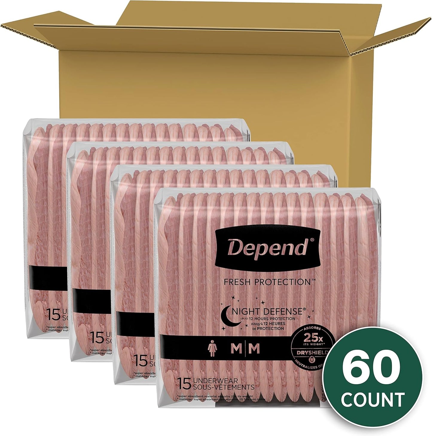 Depend Night Defense Women's Disposable Incontinence Underwear, Medium, 60 Count (4 Packs of 15), Overnight Protection, Blush - Espot.com.au