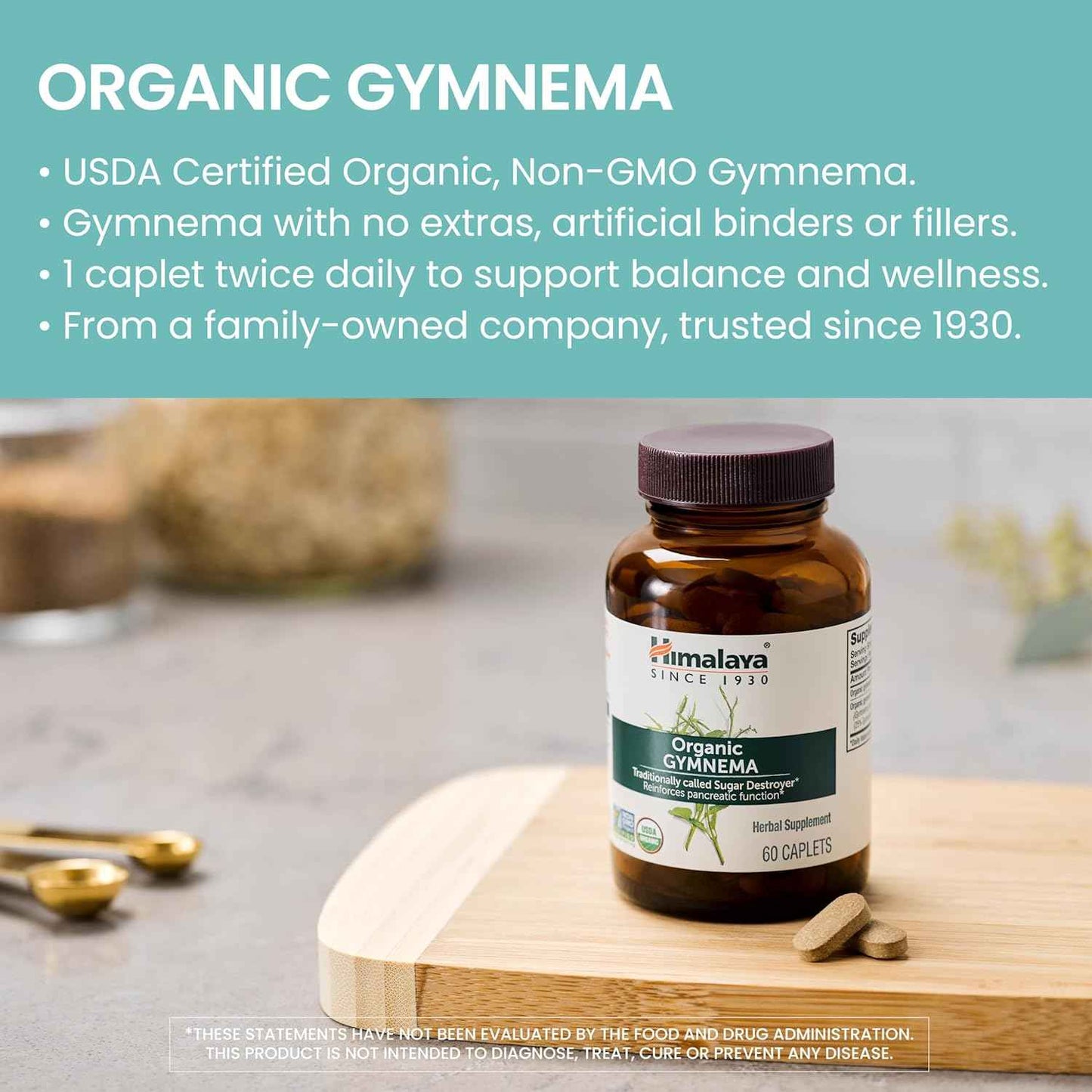Organic Gymnema Herbal Supplement - USDA Certified, Non-GMO, 700mg, 60 Plant-Based Caplets, 30 Day Supply by Himalaya