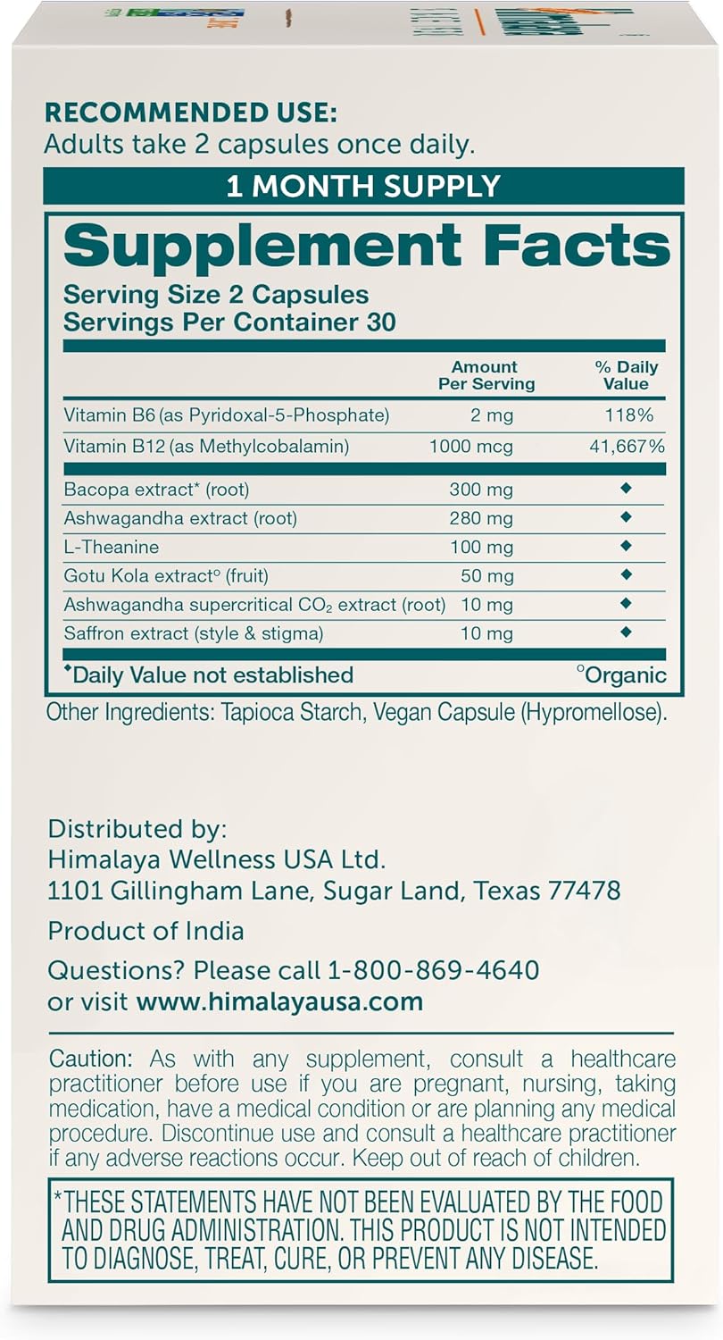 Himalaya Focused Mind Capsules with Ashwagandha & Bacopa - Energy & Focus Support - 60 Vegan Capsules, Gluten Free - 1 Month Supply - Espot.com.au