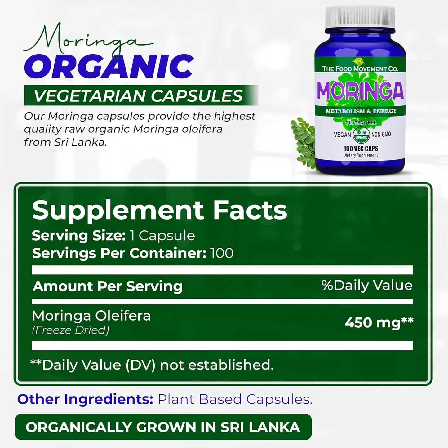 Certified Organic Moringa Superfood Capsules for Whole Body Wellness with Natural Energy Support - 100 Vegan Capsules - Espot.com.au