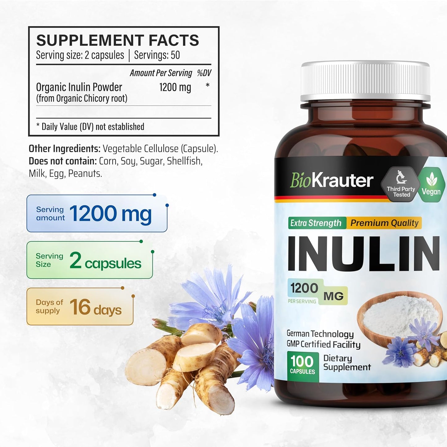 100 Capsules of BIO KRAUTER Inulin with 2 Fl. Oz. Licorice Root Tincture - Digestive Support Supplement Pack - Espot.com.au