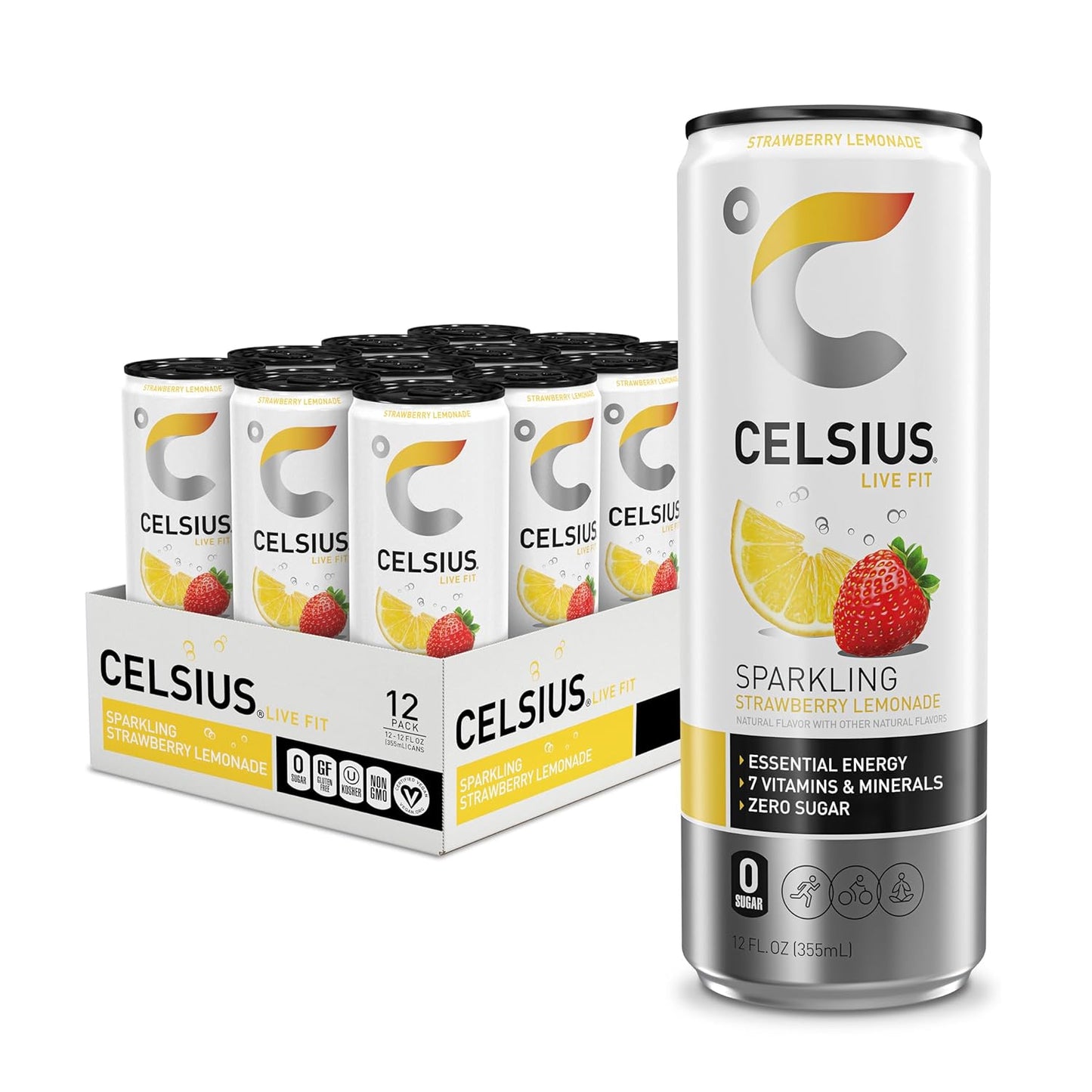 Sparkling Strawberry Lemonade CELSIUS Energy Drink, 12 Fl Oz Cans, Pack of 12 - Functional & Refreshing Boost for Energy - Espot.com.au