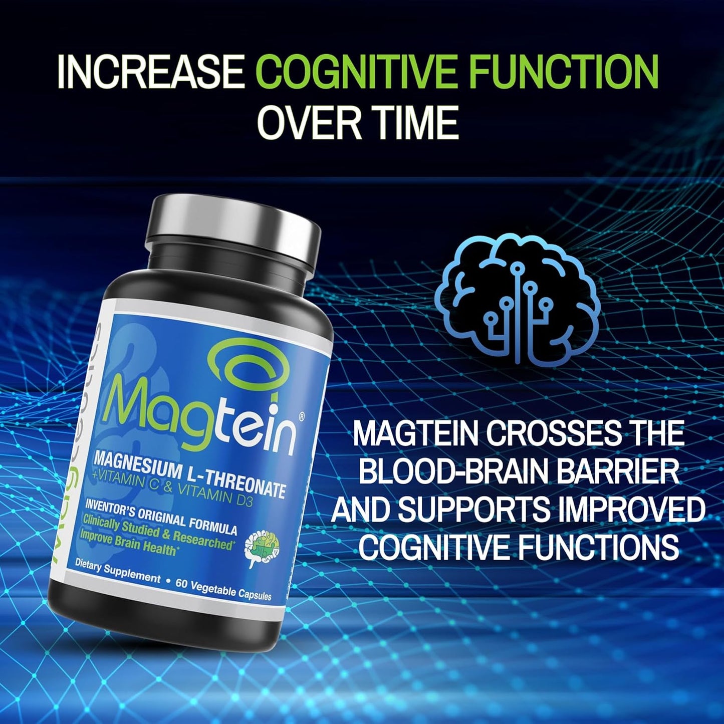 Magtein Magnesium L-Threonate Capsules for Brain Health, Memory, Cognition, Stress Relief & Sleep - 60 Veg Capsules - Espot.com.au