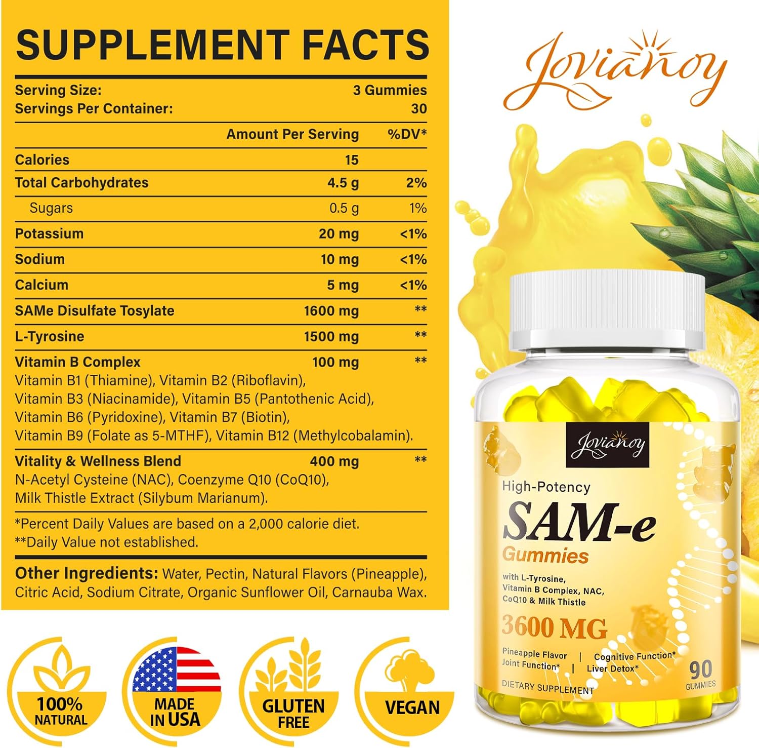 3600 MG SAM-e Gummies with L-Tyrosine, Vitamin B Complex, NAC, CoQ10 & Milk Thistle - Mood, Cognitive & Liver Detox Support - Pineapple Flavor - Vegan - Made in USA - 90 Gummies - Espot.com.au
