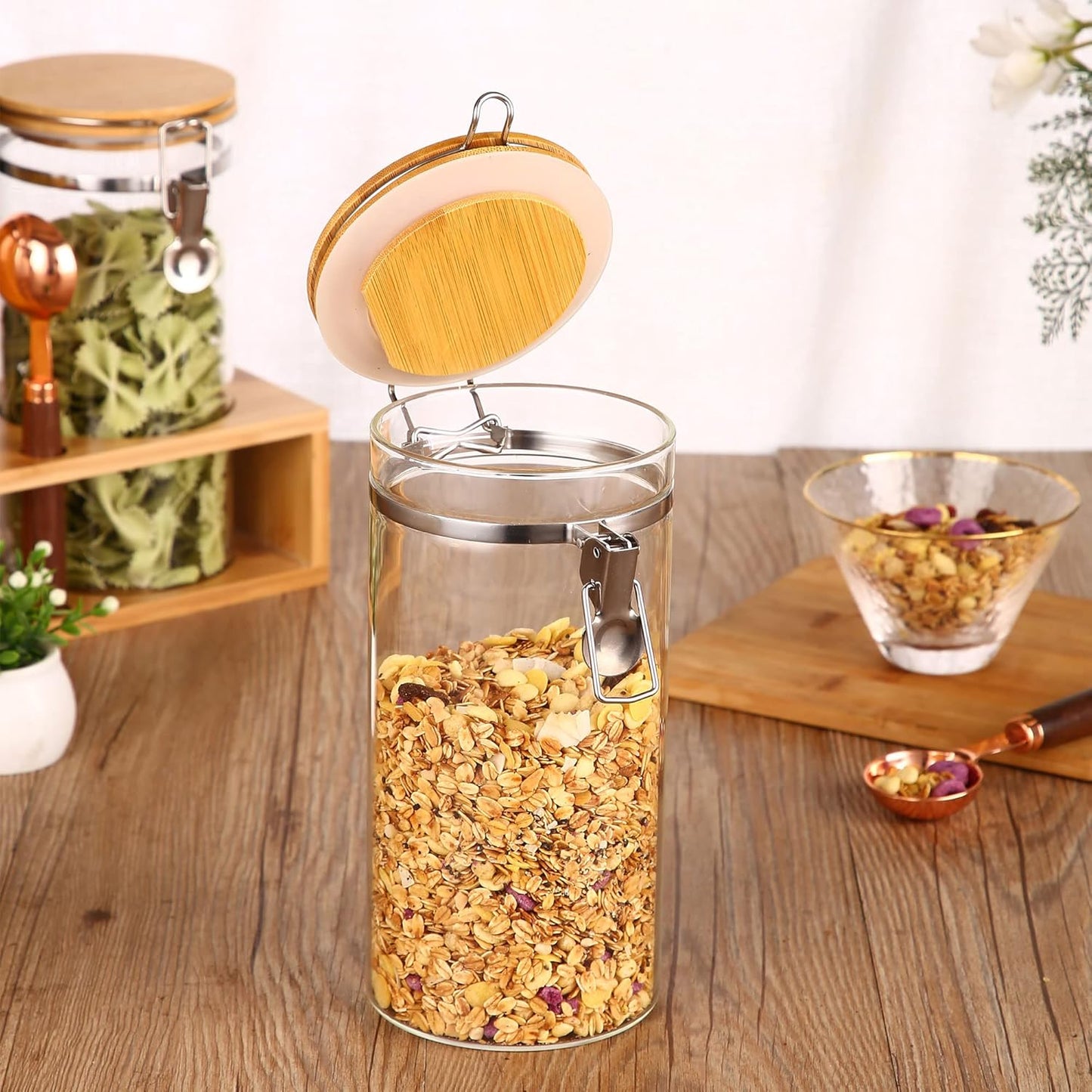 2pcs-49oz-glass-coffee-storage-container-set-with-bamboo-shelf---airtight-sealed-coffee-bean-jars-with-clamp-lid-measuring-spoon---kitchen-pantry-canisters-for-ground-coffee-sugar-tea-flour-9