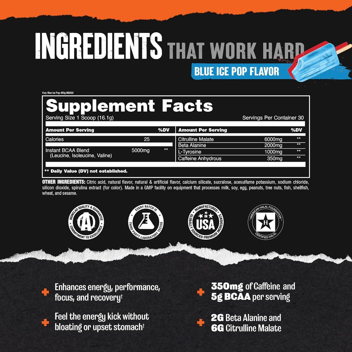 Animal Fury Pre Workout Powder - Energy & Focus Supplement with BCAAs, Caffeine, Beta-Alanine - Nitric Oxide Booster for Men & Women - Blue Ice Pop Flavor - 30 Servings - Espot.com.au