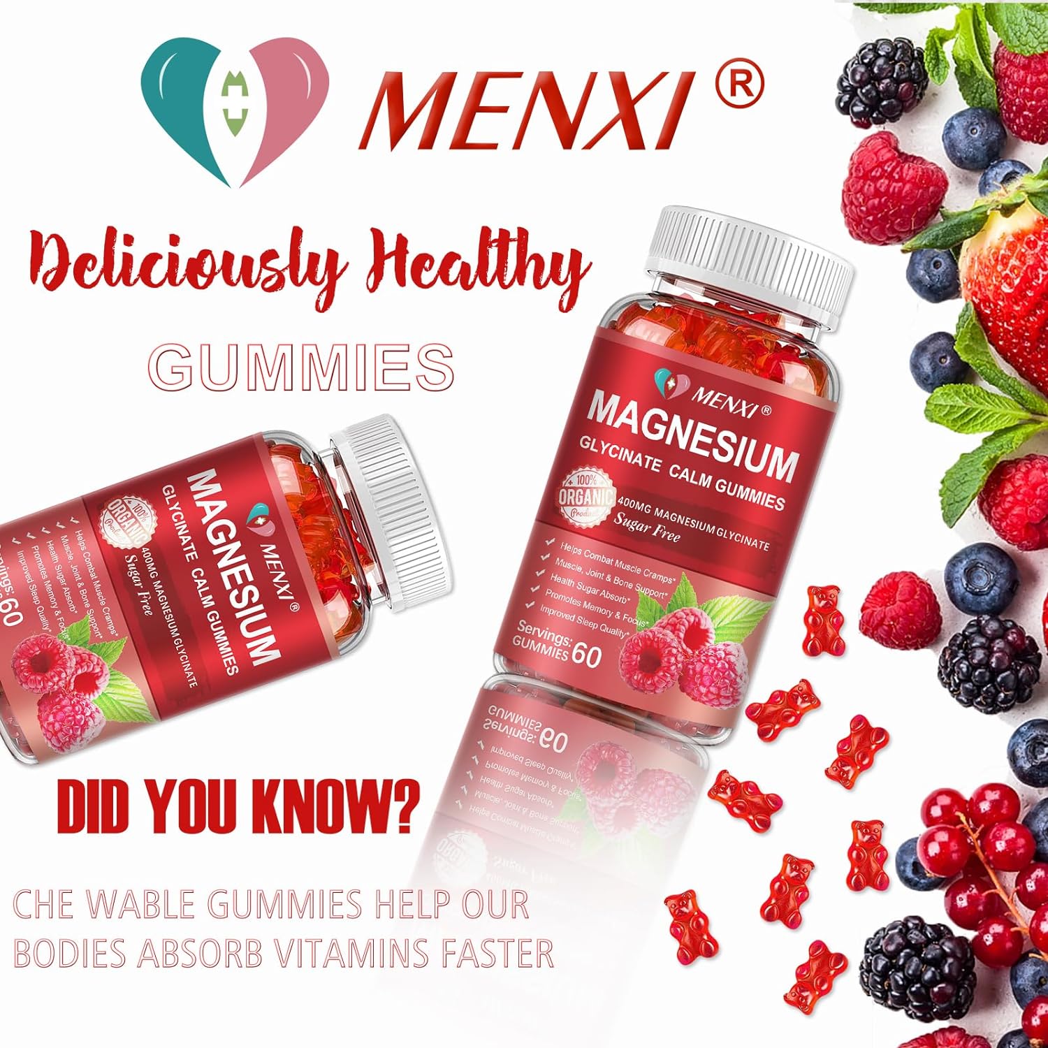 600mg Magnesium Gummies with Magnesium Glycinate & Malate - Sugar Free Potassium Supplement for Mood, Muscle, Bone & Sleep Support - 60 Raspberry Gummies - Espot.com.au