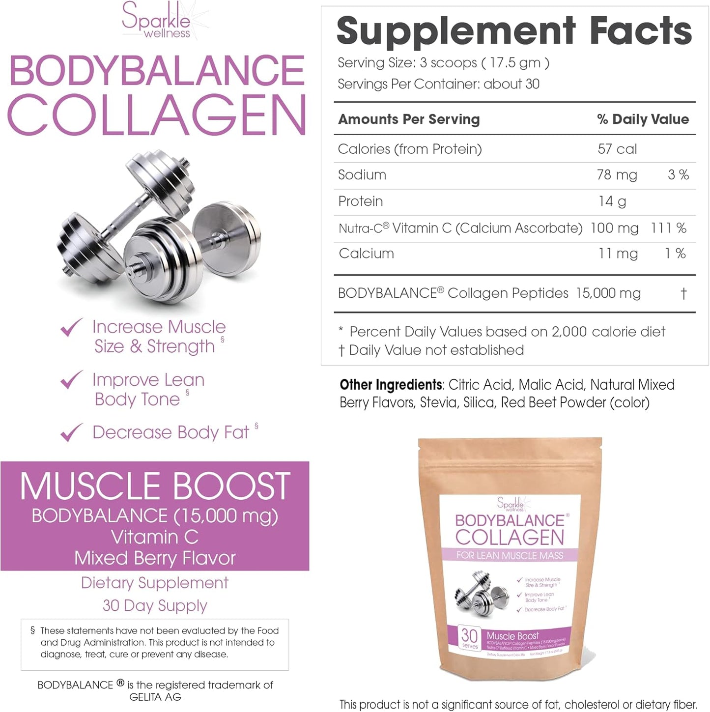 Mixed Berry Muscle Boost Collagen Supplement Powder - 30 Servings | Hydrolyzed BODYBALANCE Collagen Peptides & Buffered Vitamin C for Improved Body Composition | Sparkle Wellness - Espot.com.au