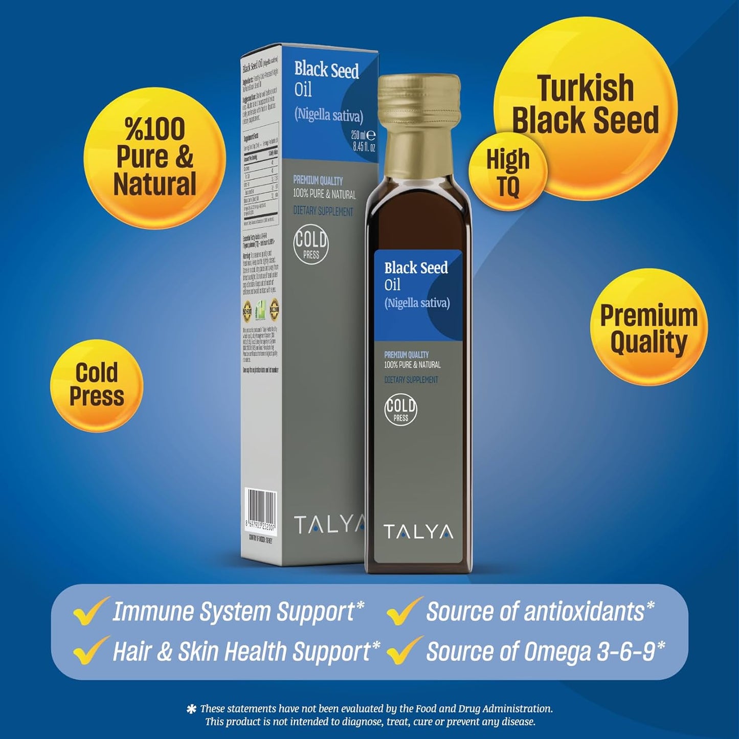 8.45 fl. oz Liquid Black Seed Oil - High Thymoquinone - Immune Support Supplement - Pure Turkish Black Seed Oil - Cold Pressed - Non-GMO - Glass Bottle
