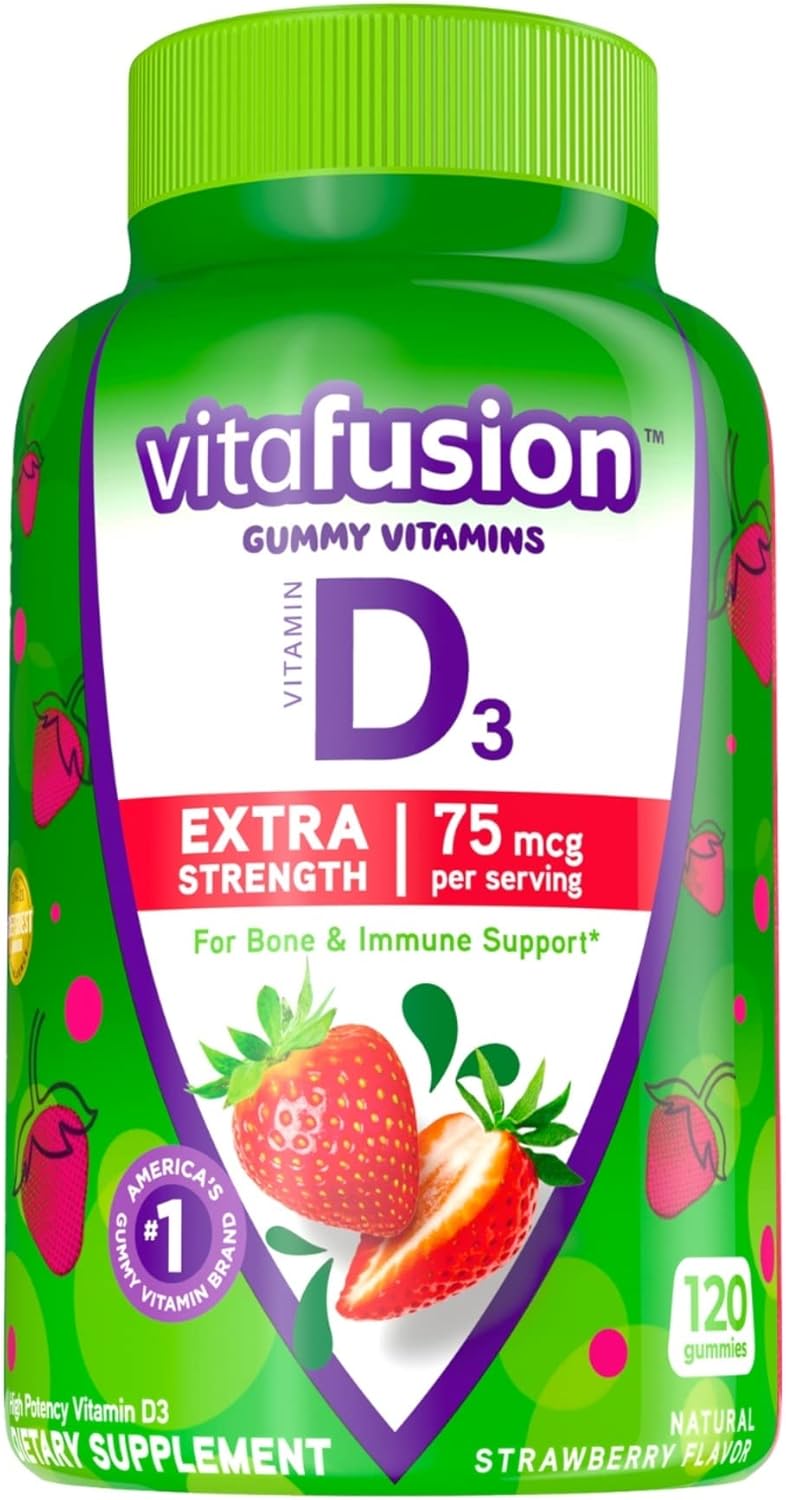 90 Count Vitafusion Fiber Well Fit Gummies Supplement with Packaging Variation & 120 Count Extra Strength Strawberry Flavored Vitamin D3 Gummy for Bone and Immune Support