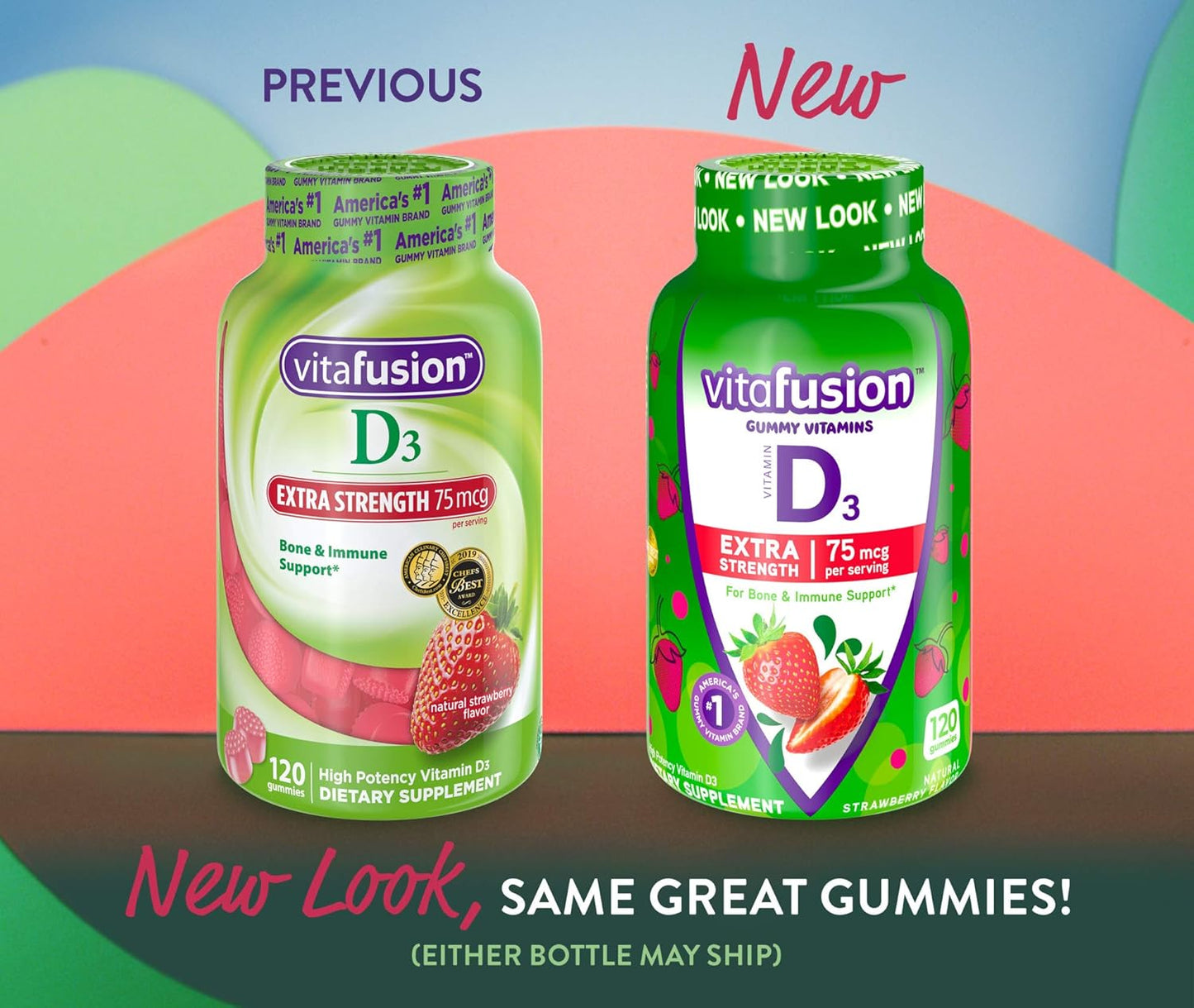 90 Count Vitafusion Fiber Well Fit Gummies Supplement with Packaging Variation & 120 Count Extra Strength Strawberry Flavored Vitamin D3 Gummy for Bone and Immune Support