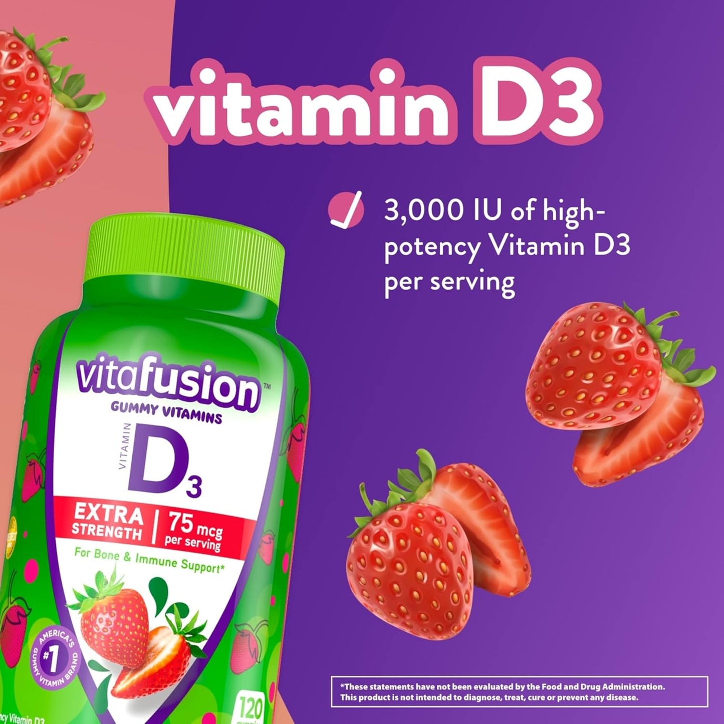 90 Count Vitafusion Fiber Well Fit Gummies Supplement with Packaging Variation & 120 Count Extra Strength Strawberry Flavored Vitamin D3 Gummy for Bone and Immune Support