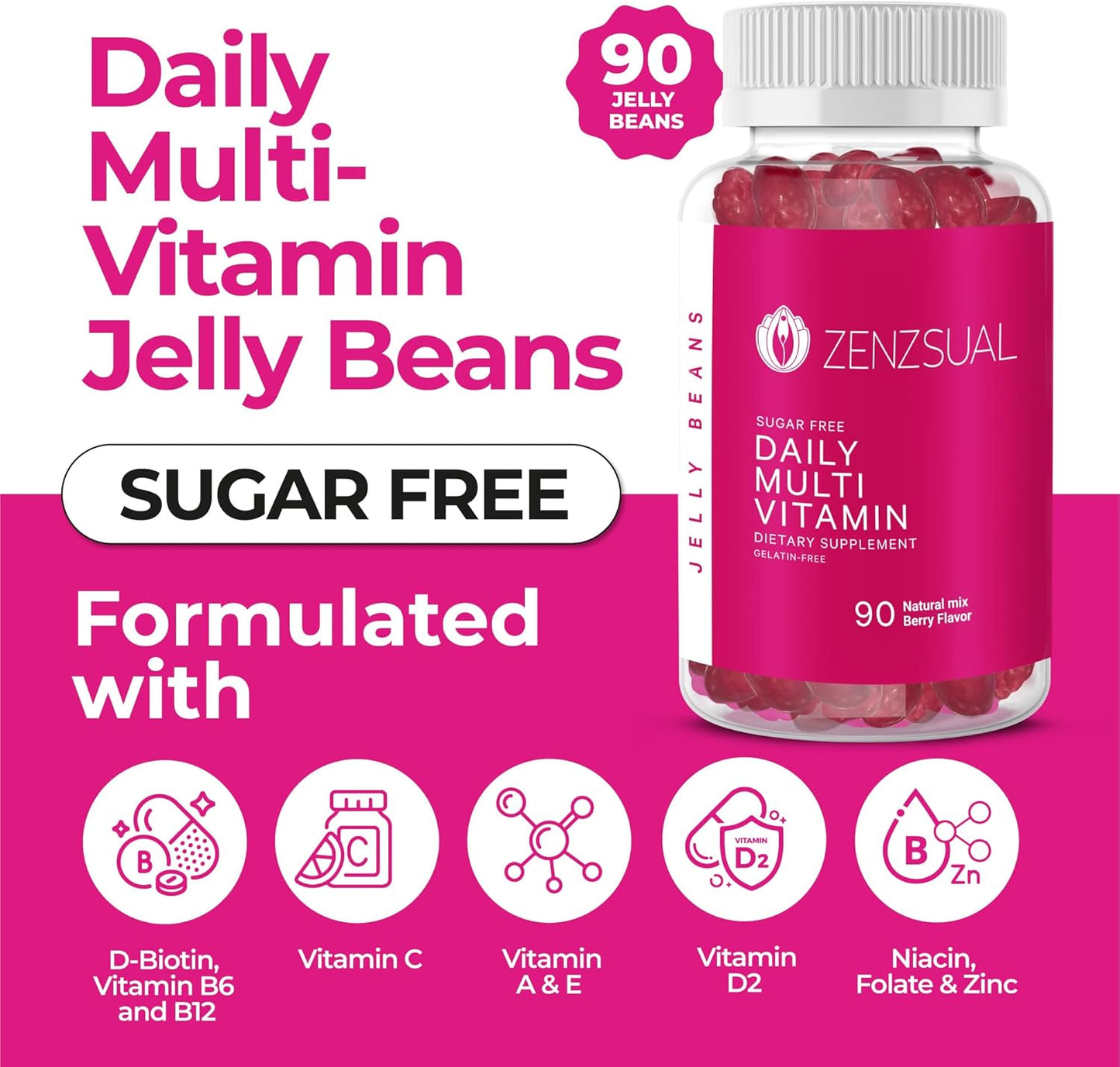 90 Natural Mix Berry-Flavored Daily Multivitamin Jellybeans - Chewable, Sugar-Free, Vegetarian Dietary Supplement for Immune Support and Wellness