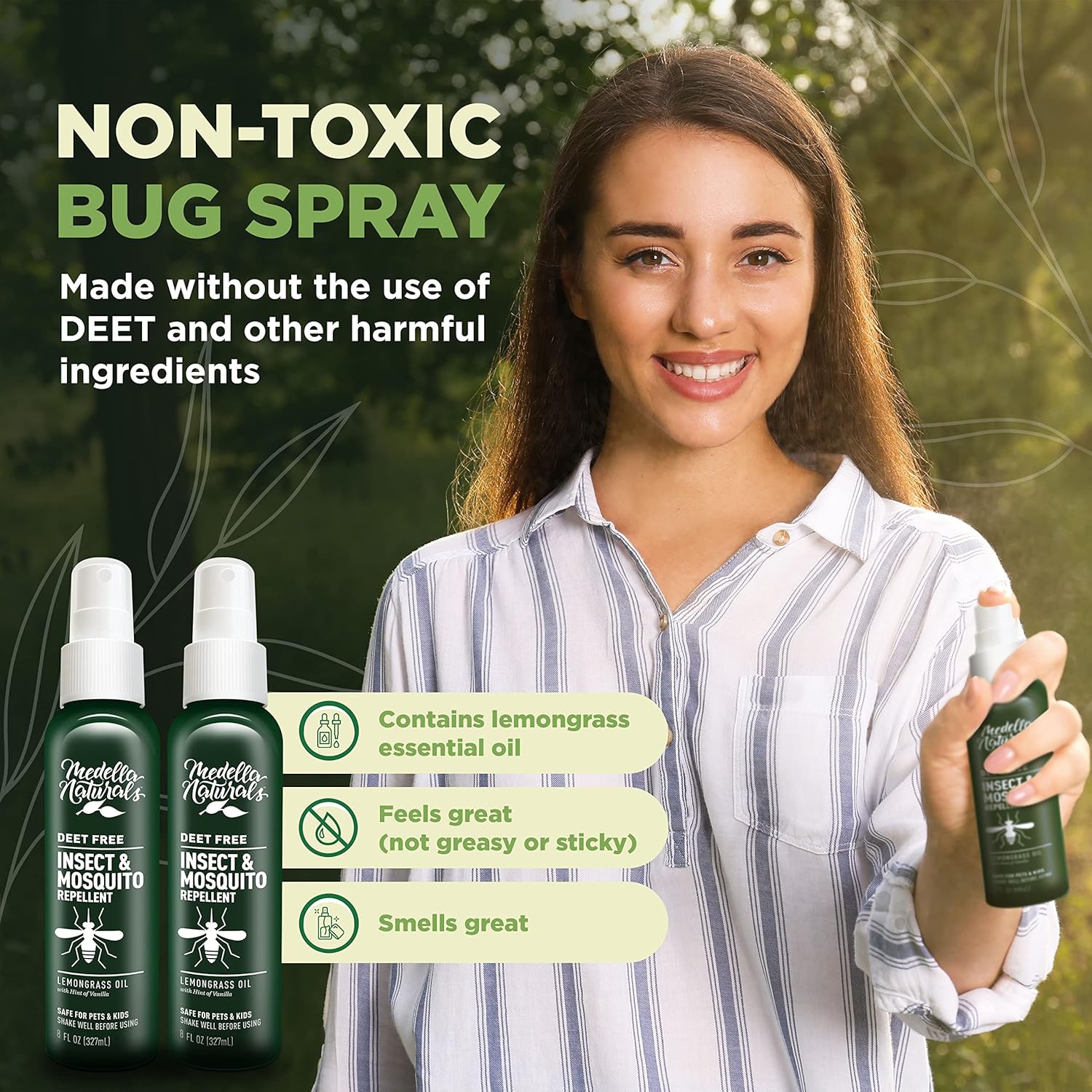 Medella Naturals Deet-Free Insect Repellent Bundle (2-Pack, 8 oz) - Pleasant Lemongrass Scent, Safe for Pets & Kids - Effective Bug Spray for Mosquitoes, Gnats, Black Flies, No-See-ums - Espot.com.au